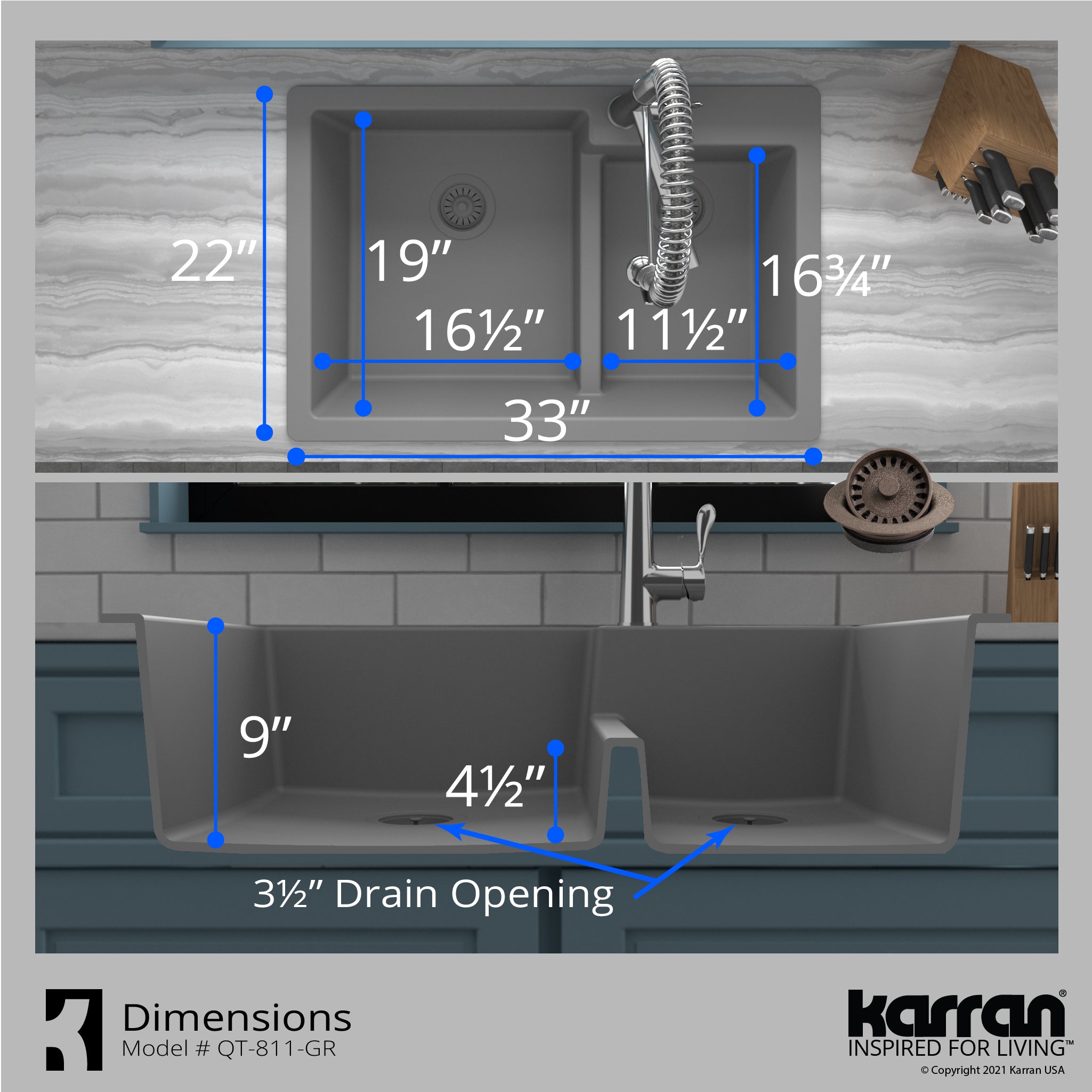 Karran 33" Drop In/Topmount Quartz Composite Kitchen Sink with Accessories, 60/40 Double Bowl, Grey, QT-811-GR-PK1