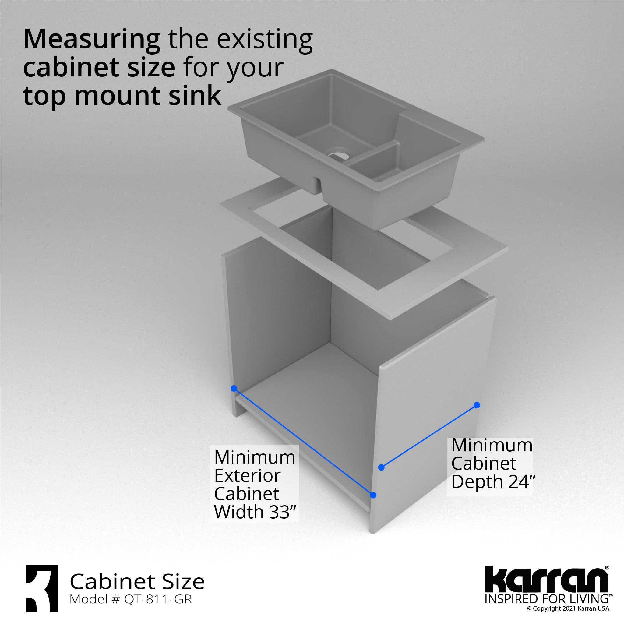 Karran 33" Drop In/Topmount Quartz Composite Kitchen Sink with Accessories, 60/40 Double Bowl, Grey, QT-811-GR-PK1