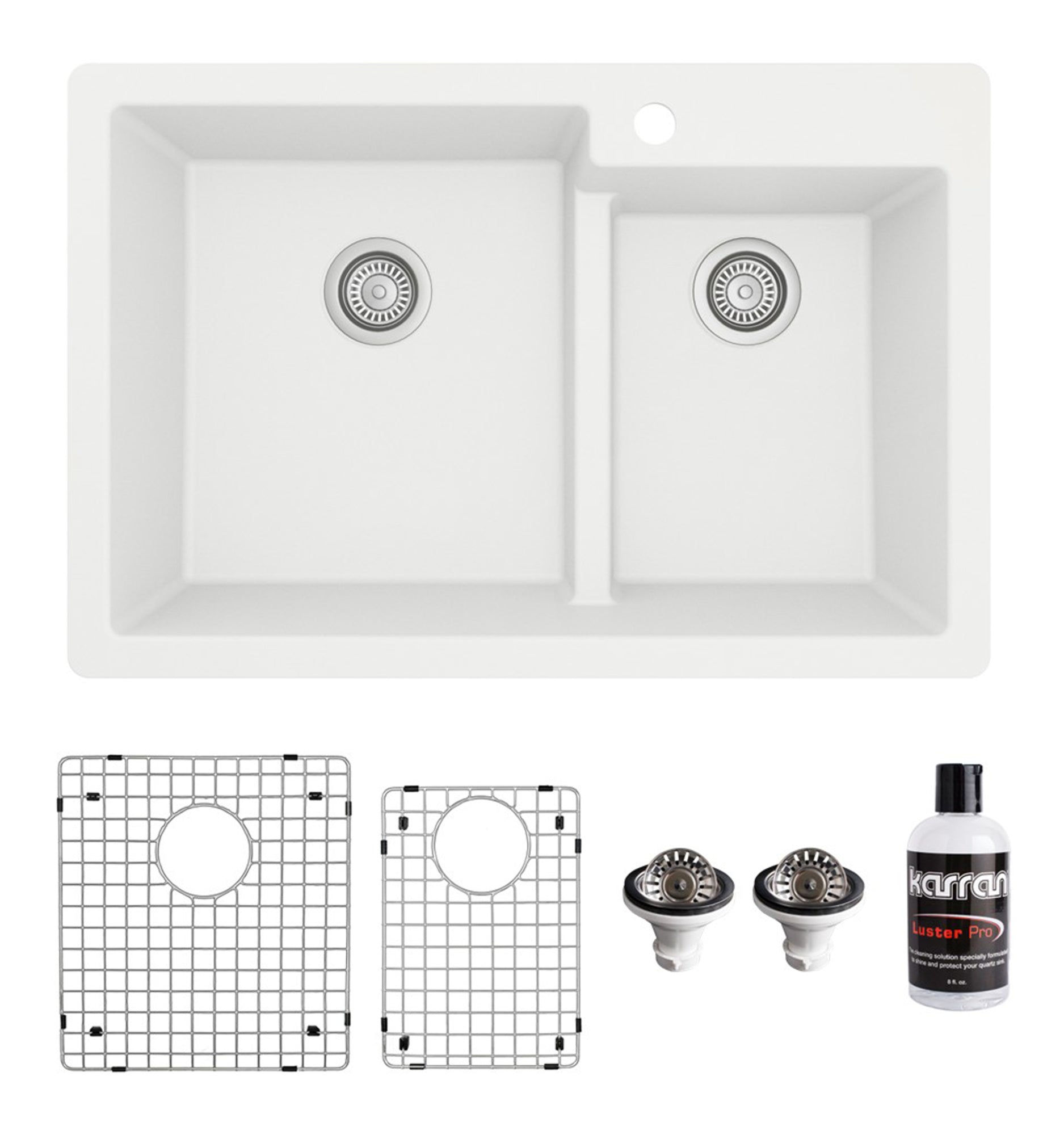 Karran 33" Drop In/Topmount Quartz Composite Kitchen Sink with Accessories, 60/40 Double Bowl, White, QT-811-WH-PK1
