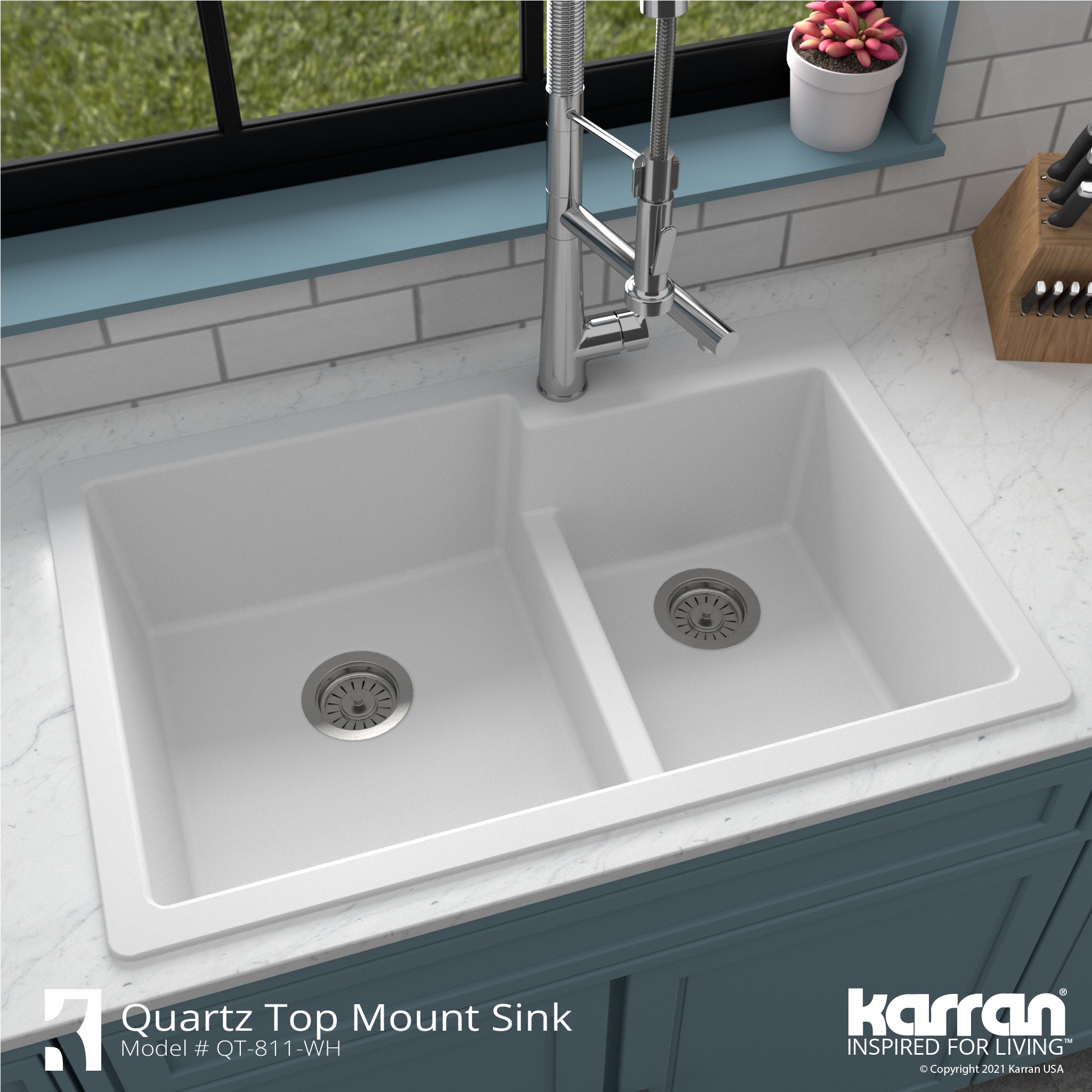 Karran 33" Drop In/Topmount Quartz Composite Kitchen Sink with Accessories, 60/40 Double Bowl, White, QT-811-WH-PK1