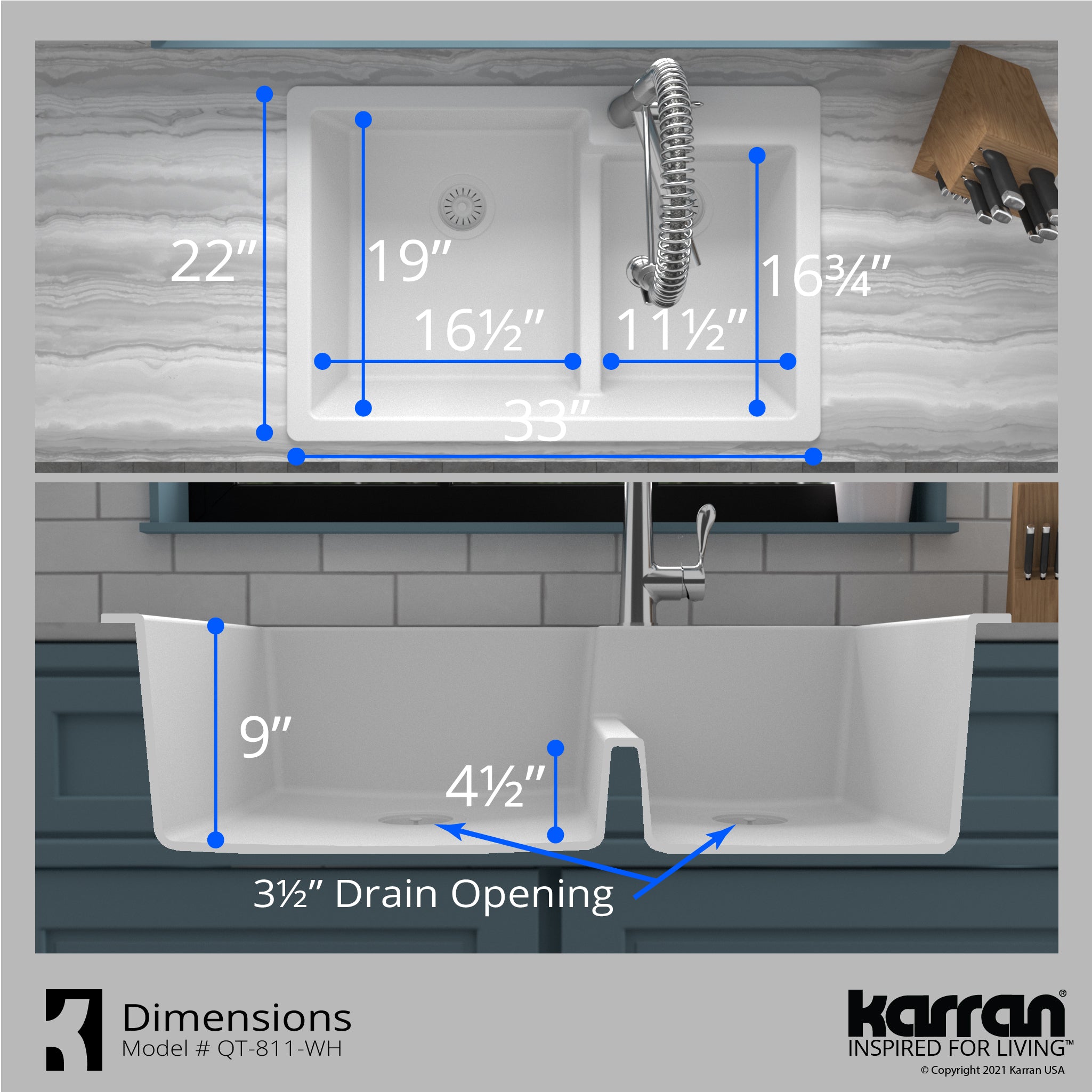 Karran 33" Drop In/Topmount Quartz Composite Kitchen Sink with Accessories, 60/40 Double Bowl, White, QT-811-WH-PK1