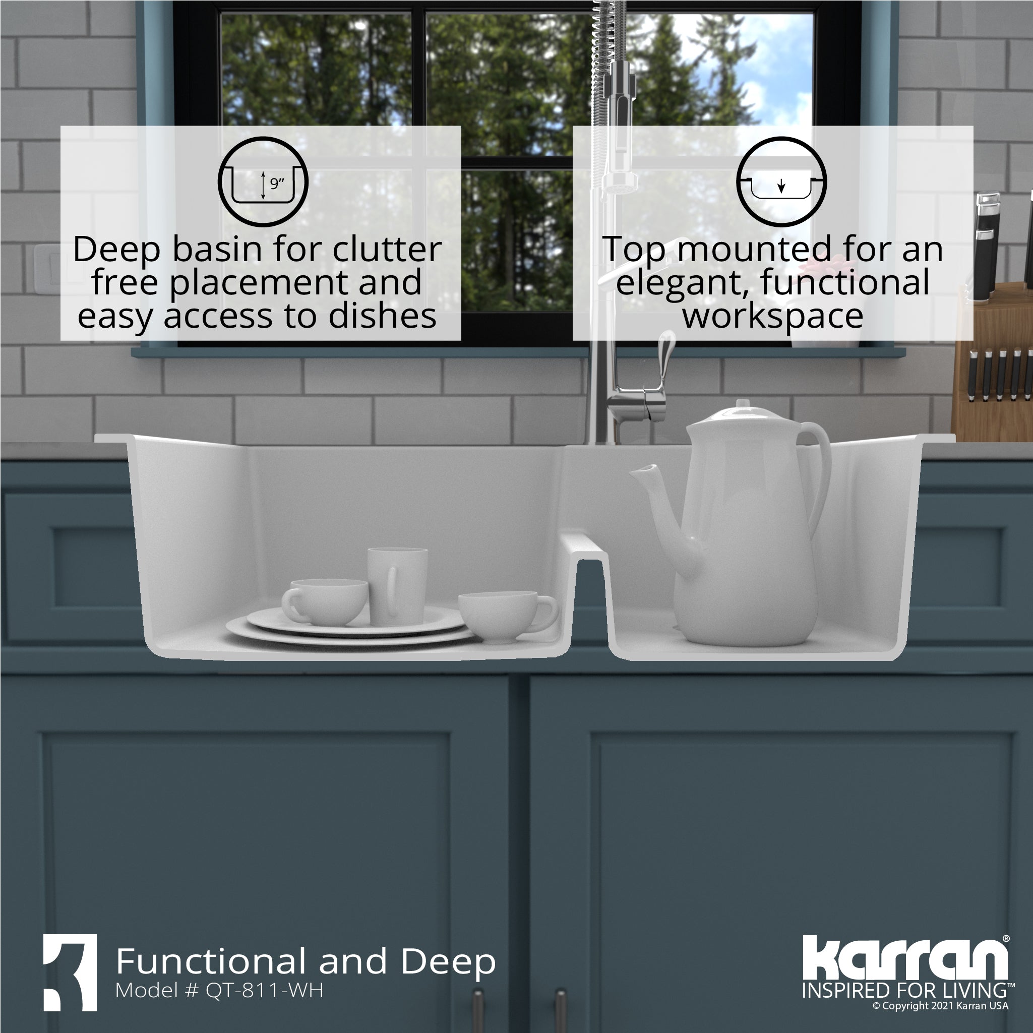 Karran 33" Drop In/Topmount Quartz Composite Kitchen Sink with Accessories, 60/40 Double Bowl, White, QT-811-WH-PK1
