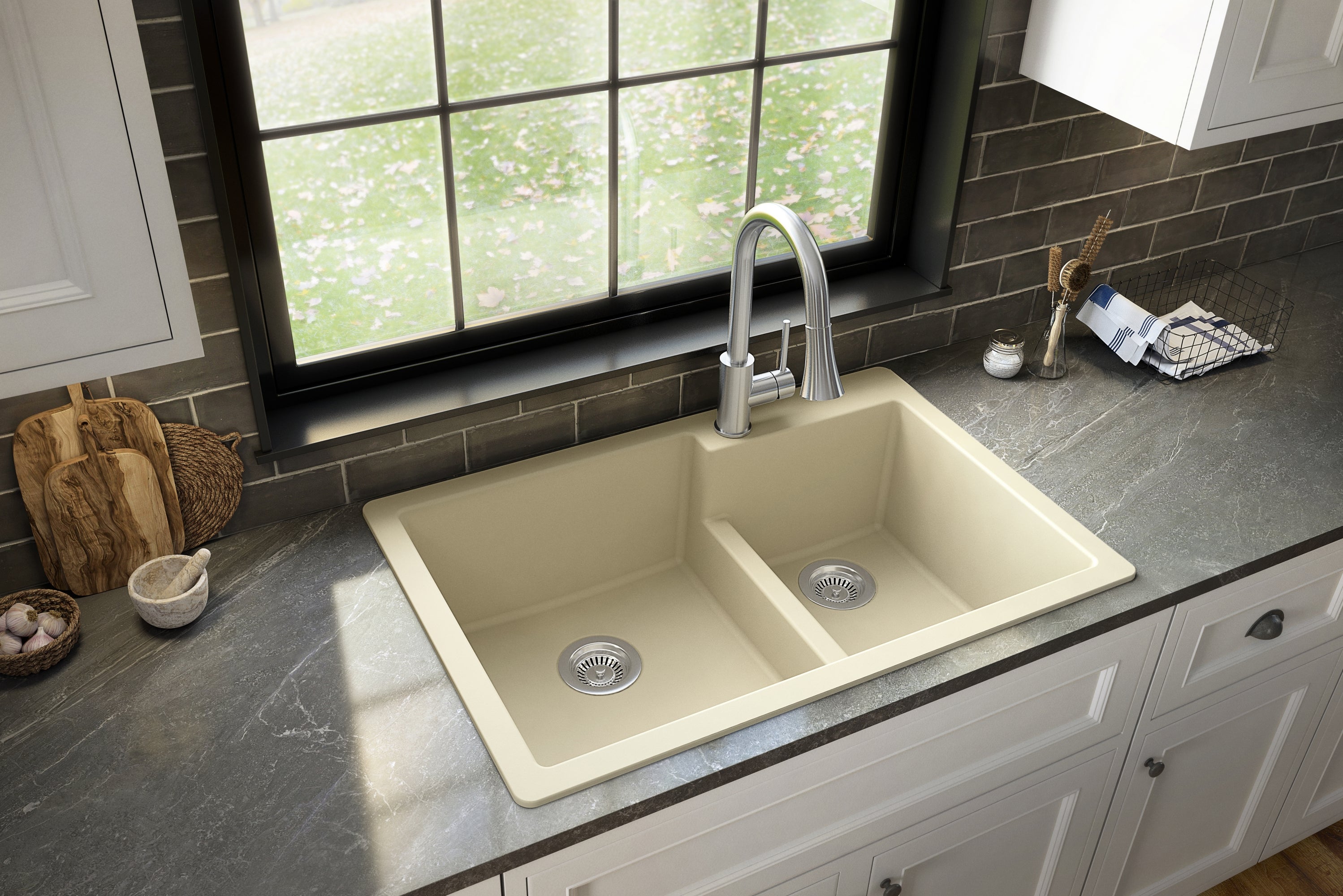 Karran 33" Drop In/Topmount Quartz Composite Kitchen Sink with Accessories, 60/40 Double Bowl, Bisque, QT-811-BI-PK1