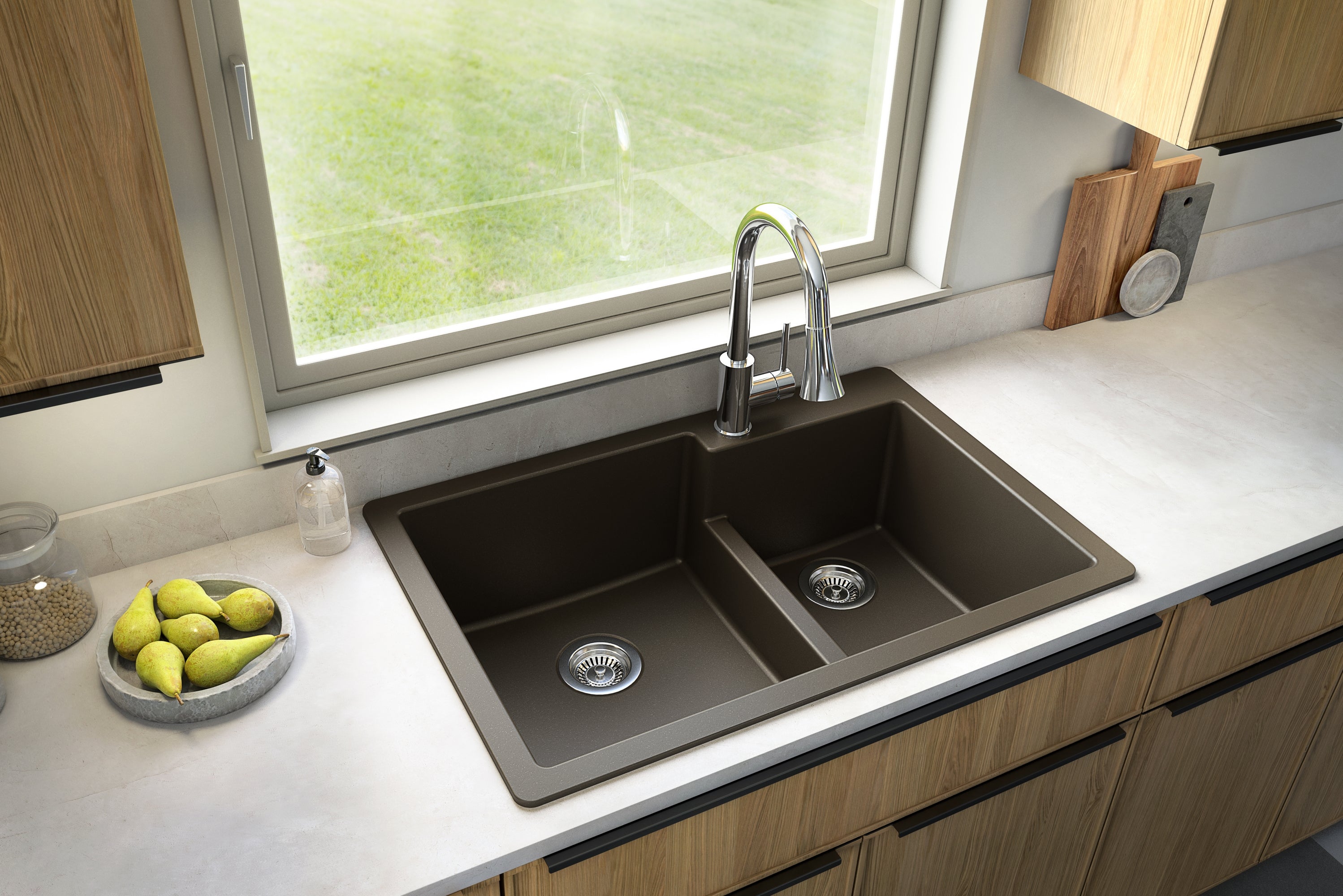 Karran 33" Drop In/Topmount Quartz Composite Kitchen Sink with Accessories, 60/40 Double Bowl, Brown, QT-811-BR-PK1