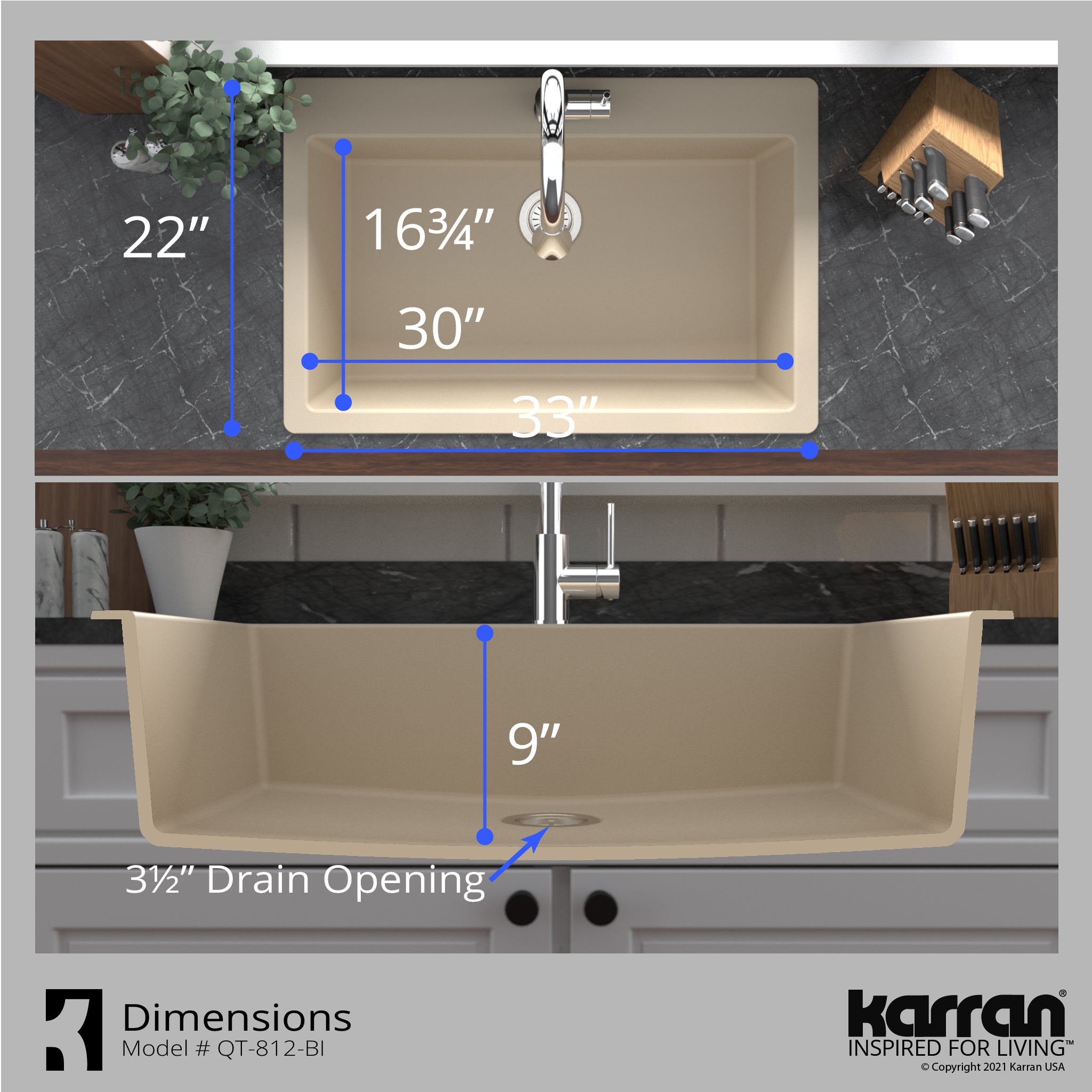 Karran 33" Drop In/Topmount Quartz Composite Kitchen Sink, Bisque, QT-812-BI