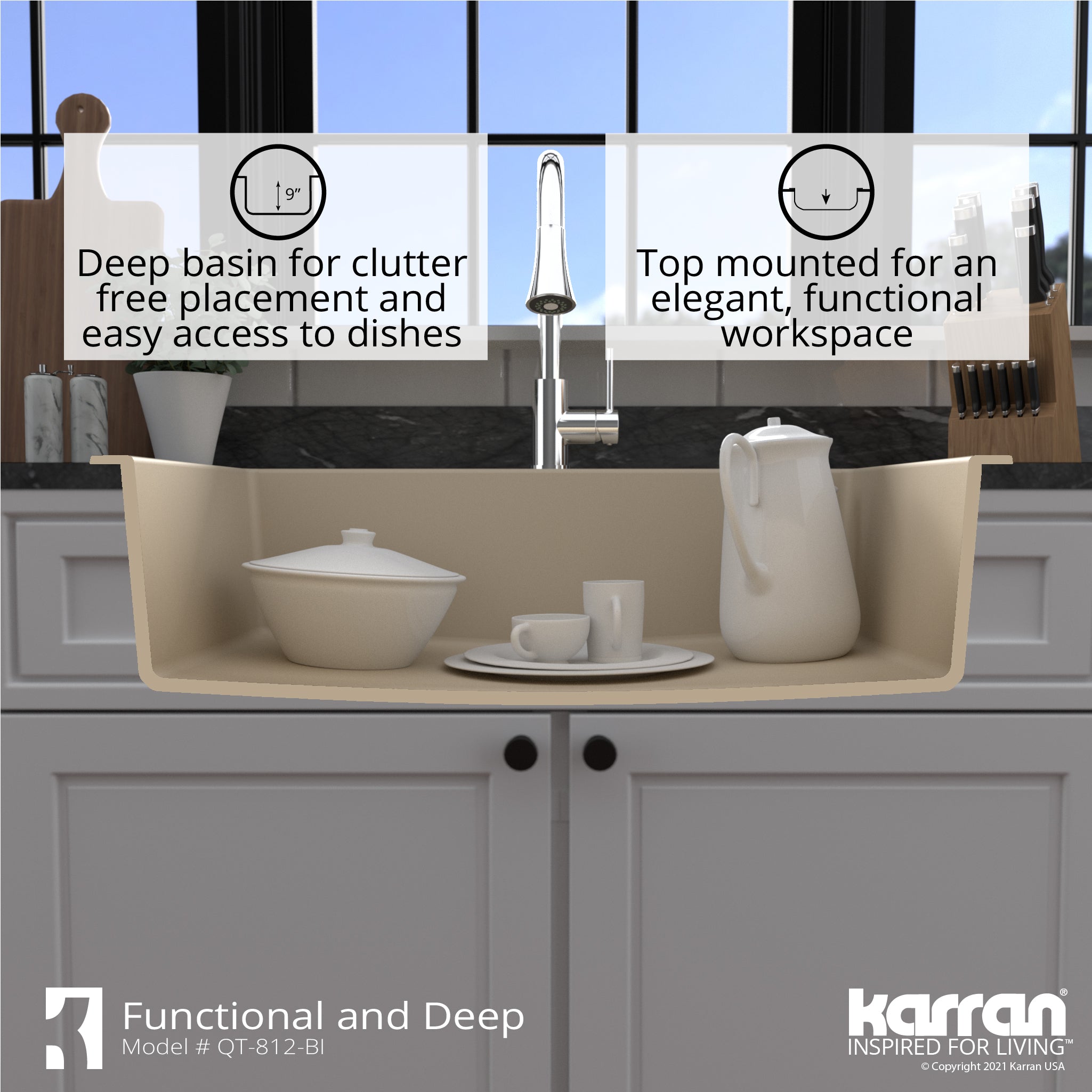 Karran 33" Drop In/Topmount Quartz Composite Kitchen Sink, Bisque, QT-812-BI