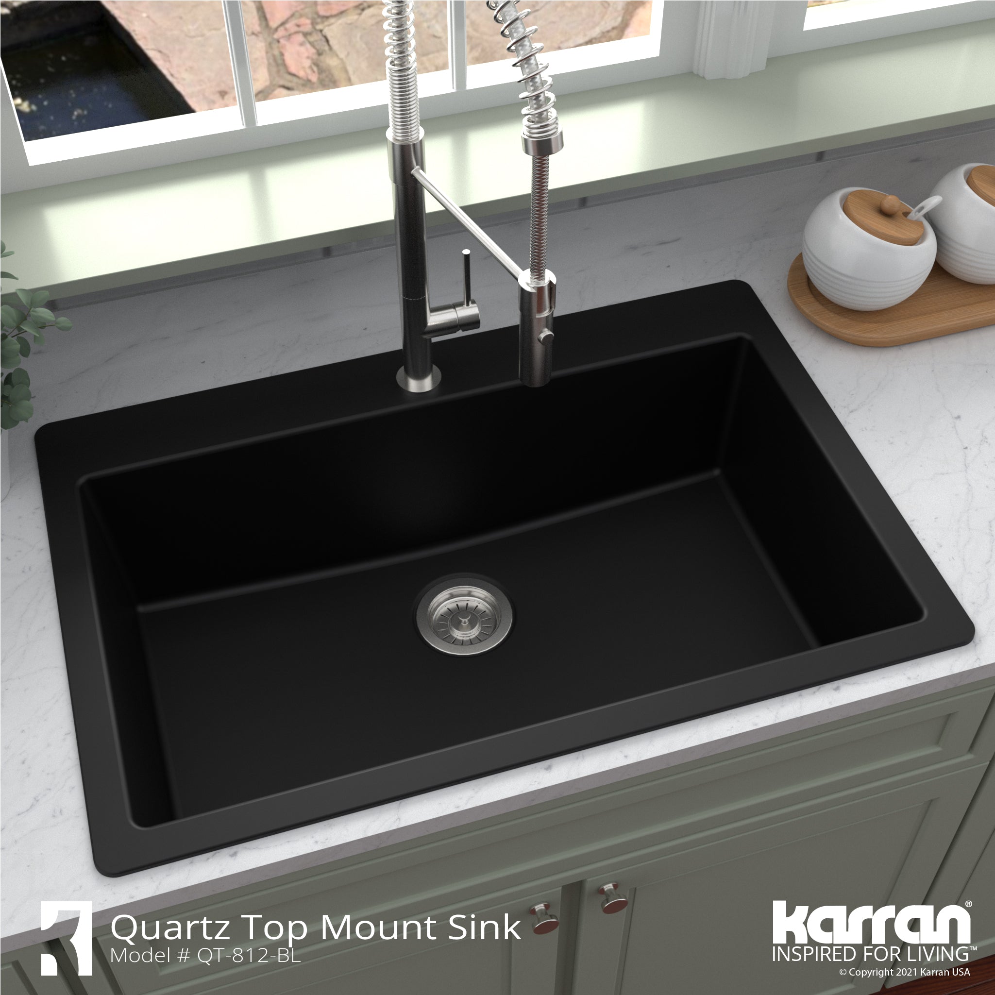 Karran 33" Drop In/Topmount Quartz Composite Kitchen Sink with Accessories, Black, QT-812-BL-PK1