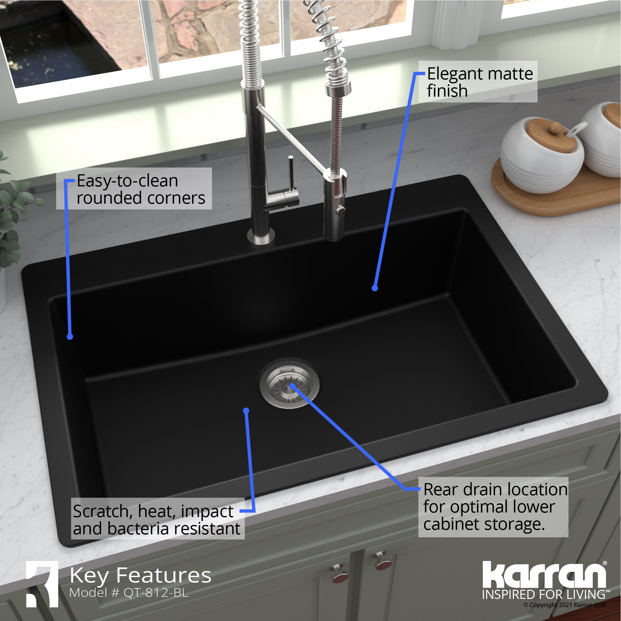 Karran 33" Drop In/Topmount Quartz Composite Kitchen Sink with Accessories, Black, QT-812-BL-PK1