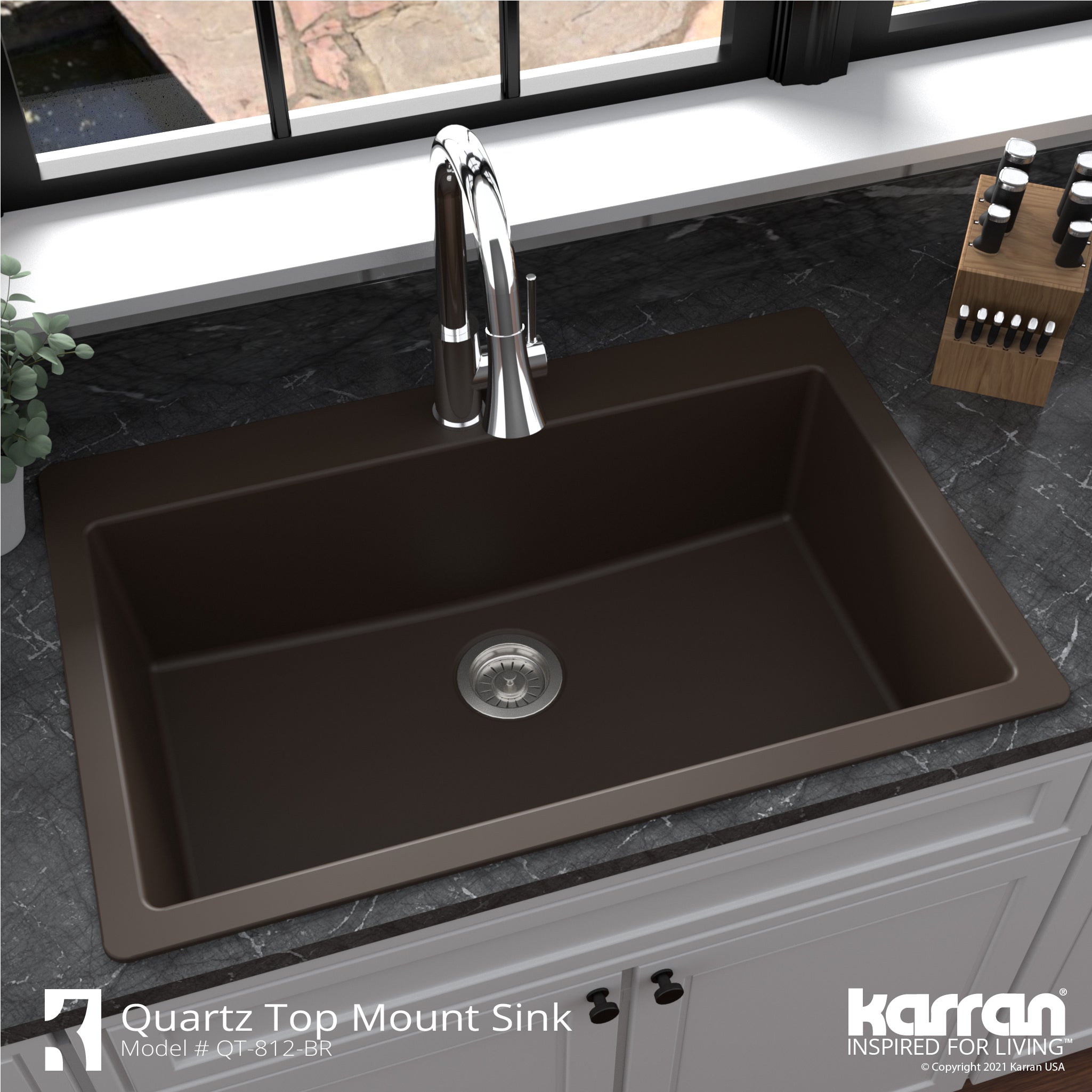 Karran 33" Drop In/Topmount Quartz Composite Kitchen Sink with Accessories, Brown, QT-812-BR-PK1