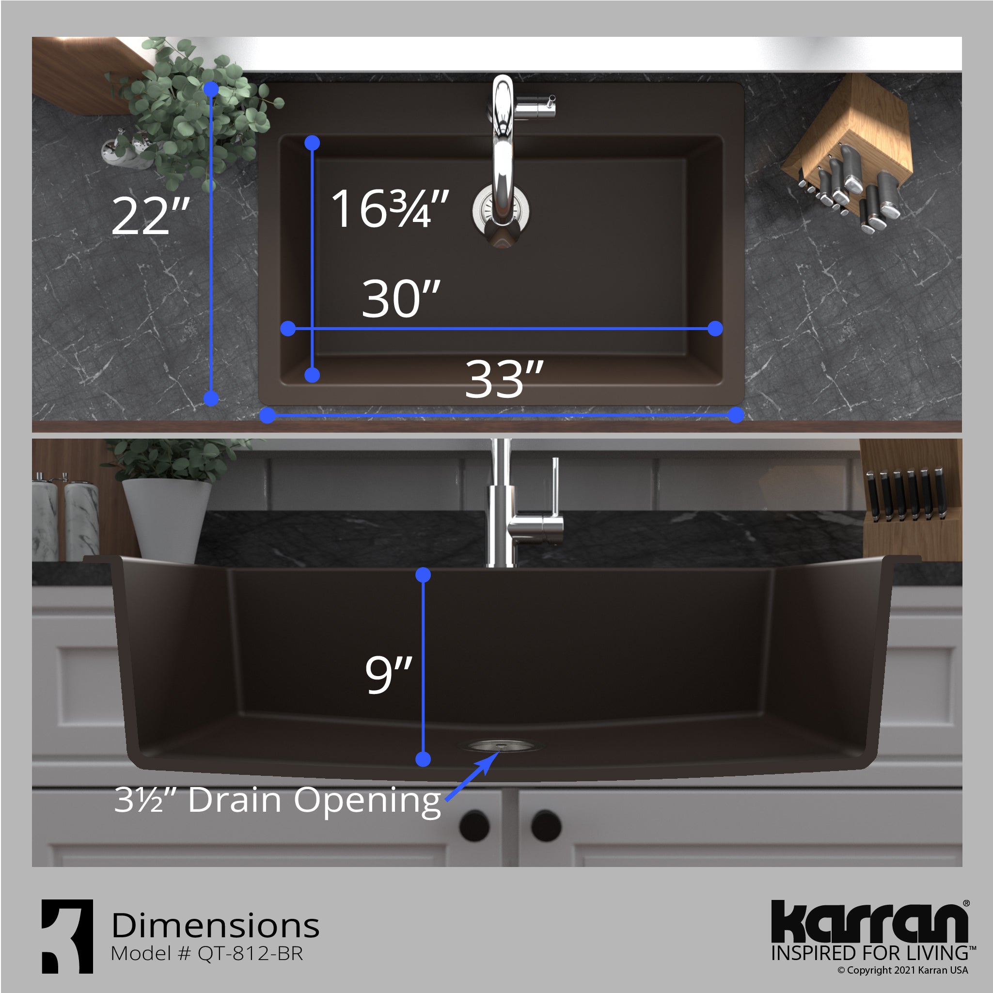 Karran 33" Drop In/Topmount Quartz Composite Kitchen Sink with Accessories, Brown, QT-812-BR-PK1