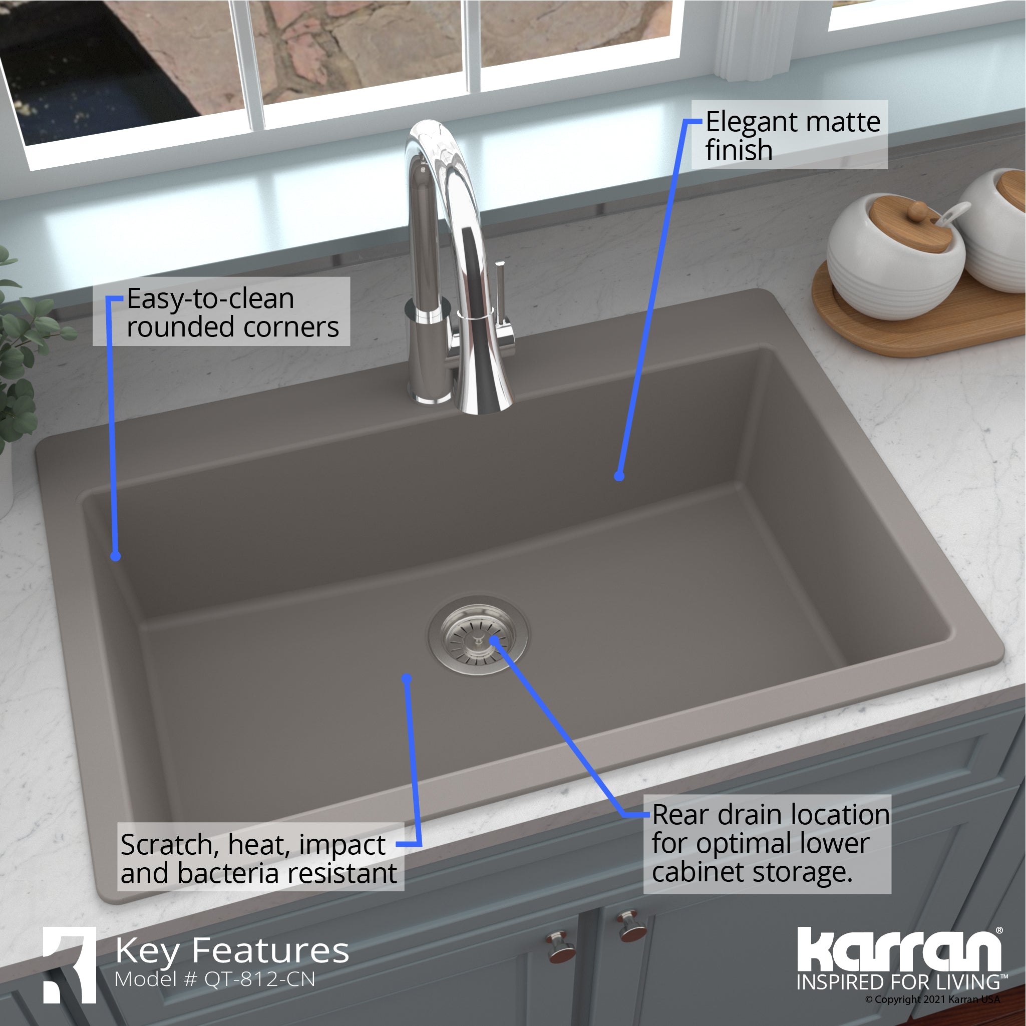 Karran 33" Drop In/Topmount Quartz Composite Kitchen Sink with Accessories, Concrete, QT-812-CN-PK1