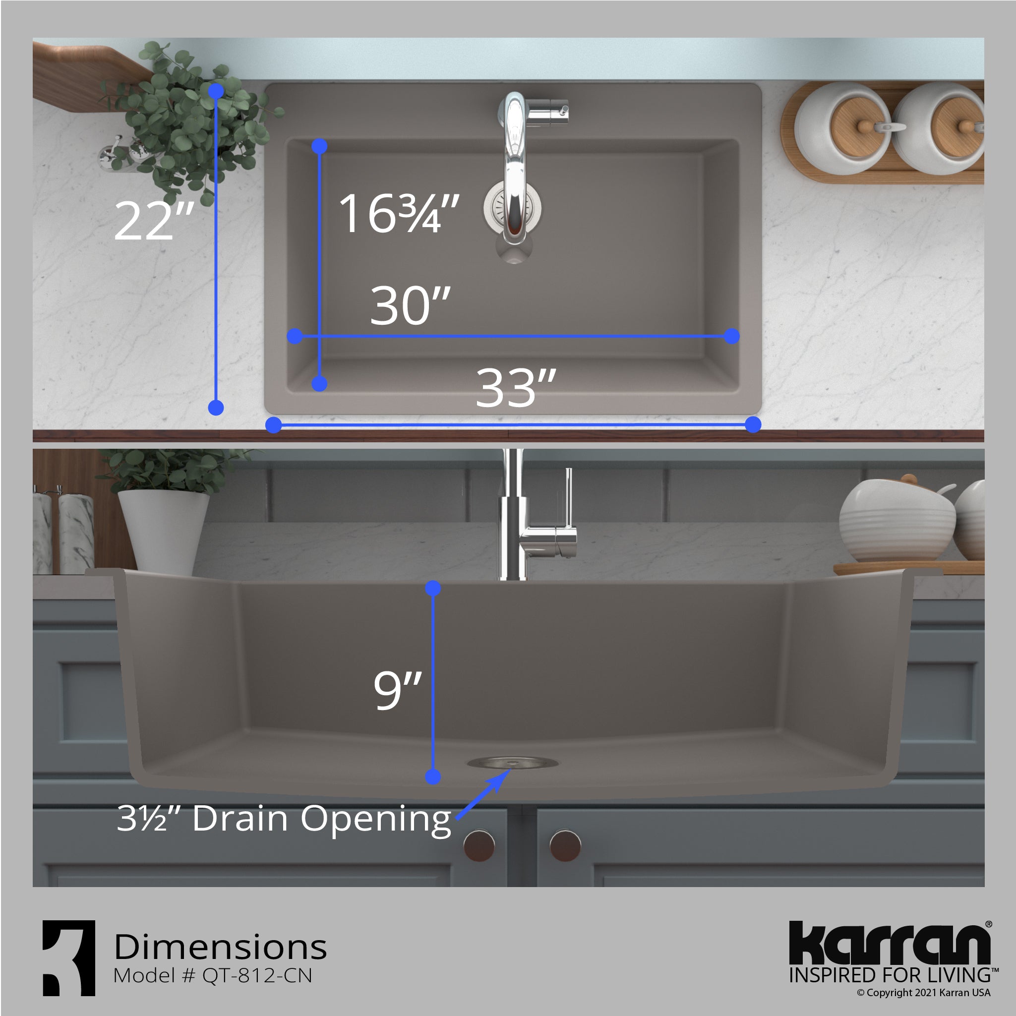 Karran 33" Drop In/Topmount Quartz Composite Kitchen Sink with Accessories, Concrete, QT-812-CN-PK1