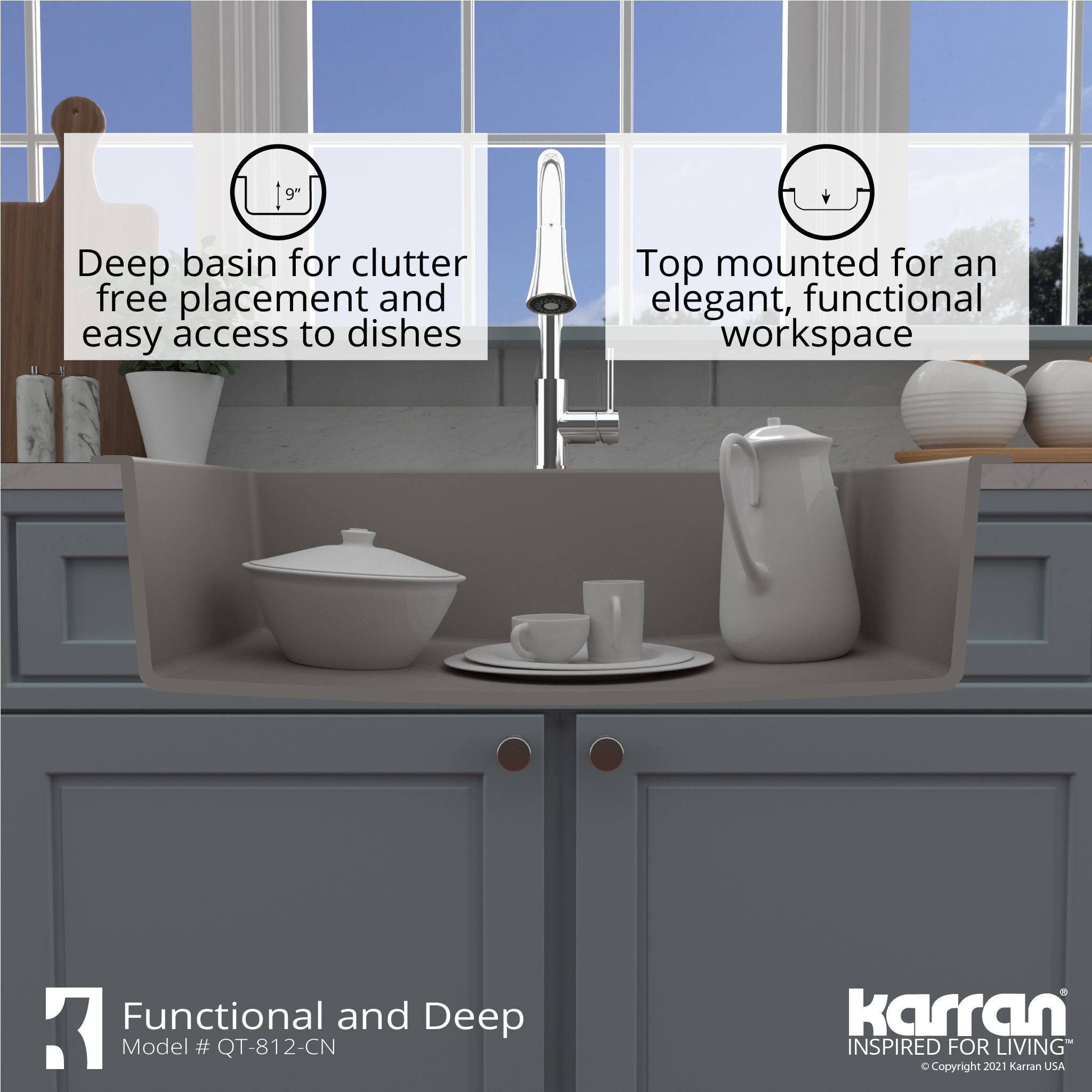Karran 33" Drop In/Topmount Quartz Composite Kitchen Sink with Accessories, Concrete, QT-812-CN-PK1