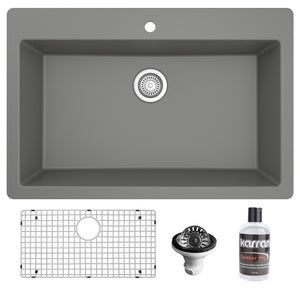Alternate Image for Karran 33" Drop In/Topmount Quartz Composite Kitchen Sink with Accessories, Grey, QT-812-GR-PK1