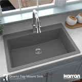 Karran 33" Drop In/Topmount Quartz Composite Kitchen Sink, Grey, QT-812-GR