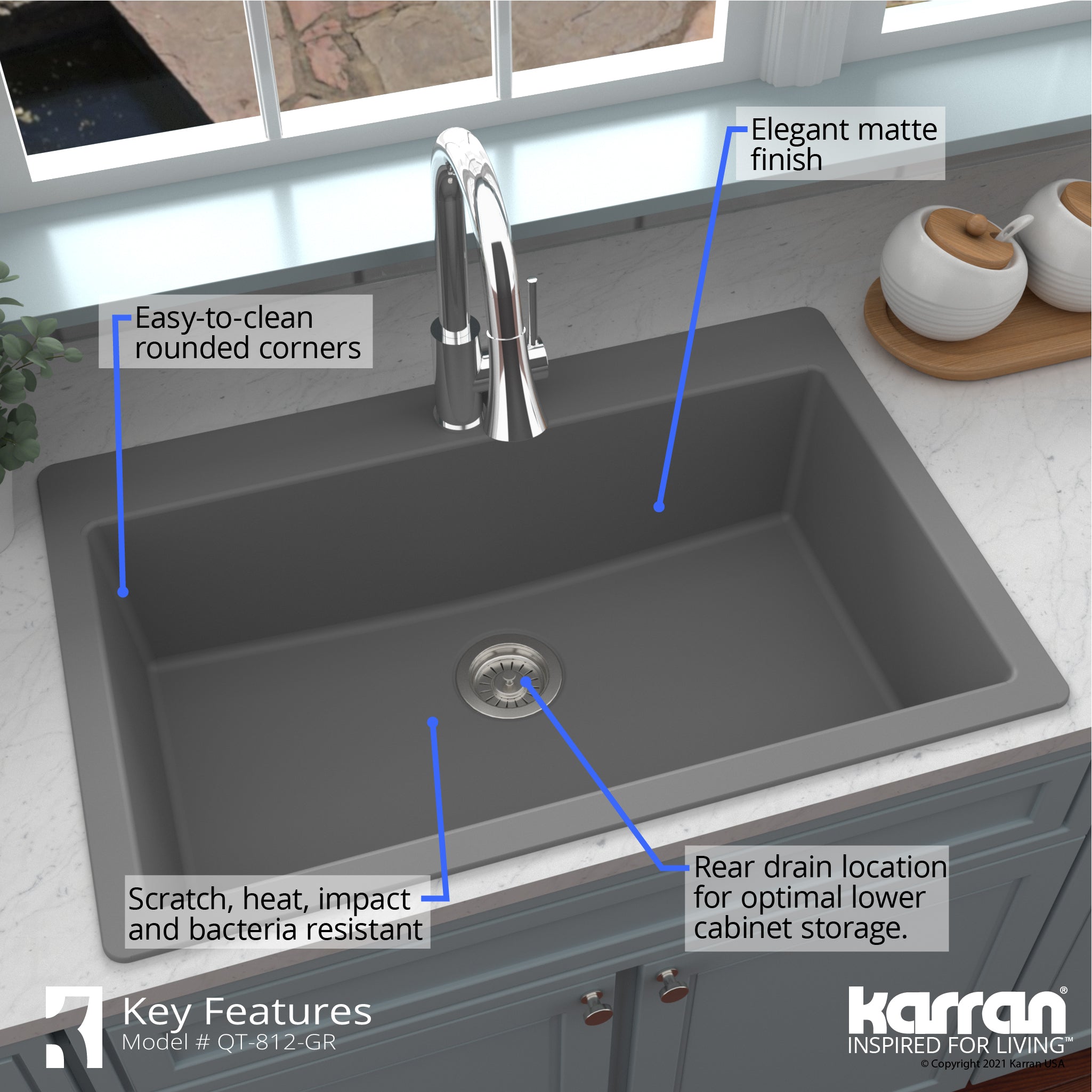 Karran 33" Drop In/Topmount Quartz Composite Kitchen Sink, Grey, QT-812-GR