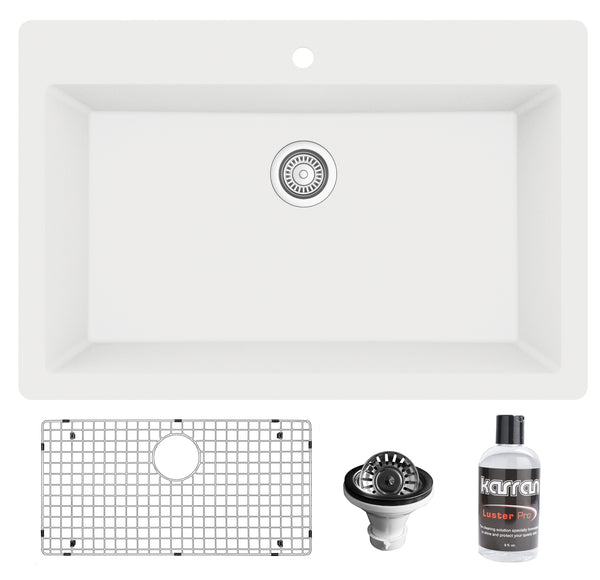 Karran 33" Drop In/Topmount Quartz Composite Kitchen Sink with Accessories, White, QT-812-WH-PK1