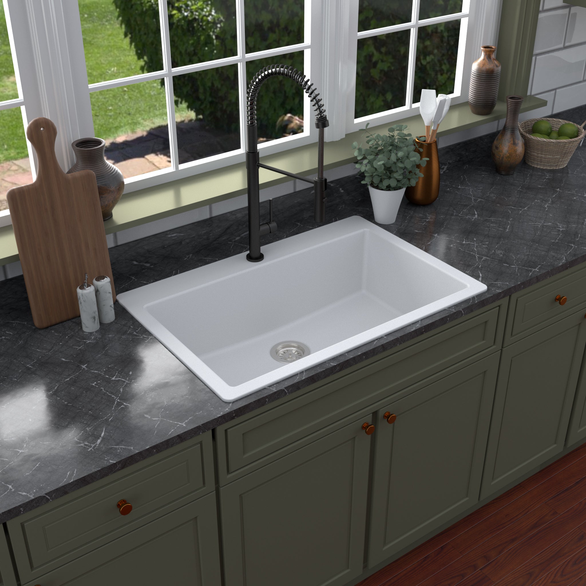 Karran 33" Drop In/Topmount Quartz Composite Kitchen Sink with Accessories, White, QT-812-WH-PK1