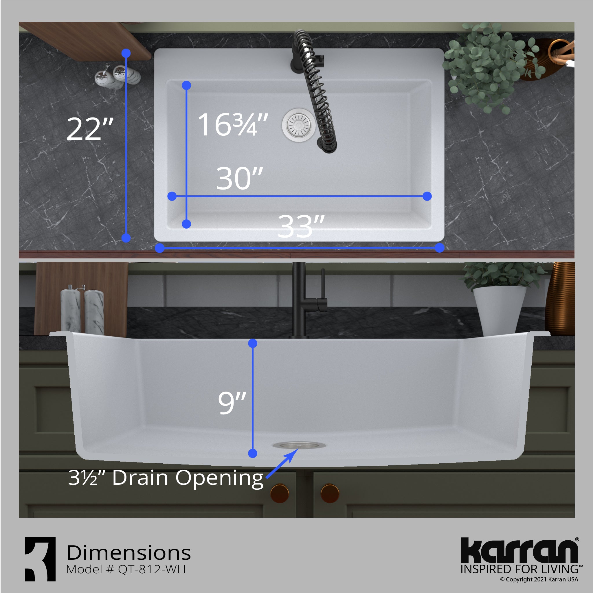 Karran 33" Drop In/Topmount Quartz Composite Kitchen Sink with Accessories, White, QT-812-WH-PK1