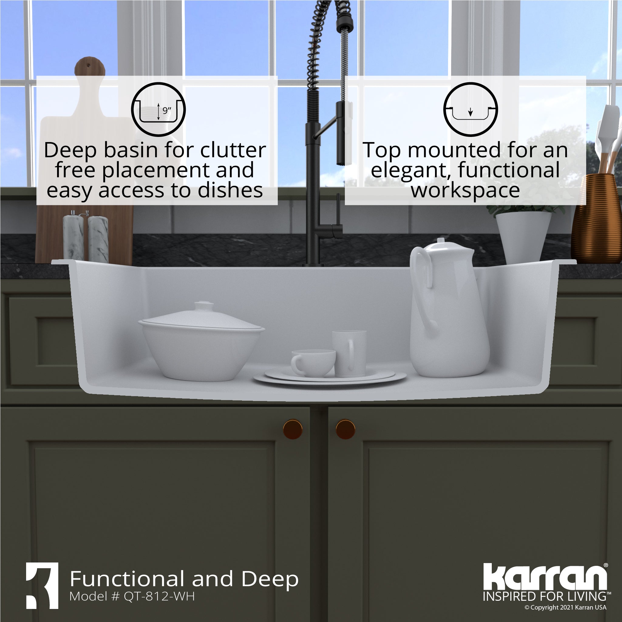 Karran 33" Drop In/Topmount Quartz Composite Kitchen Sink with Accessories, White, QT-812-WH-PK1