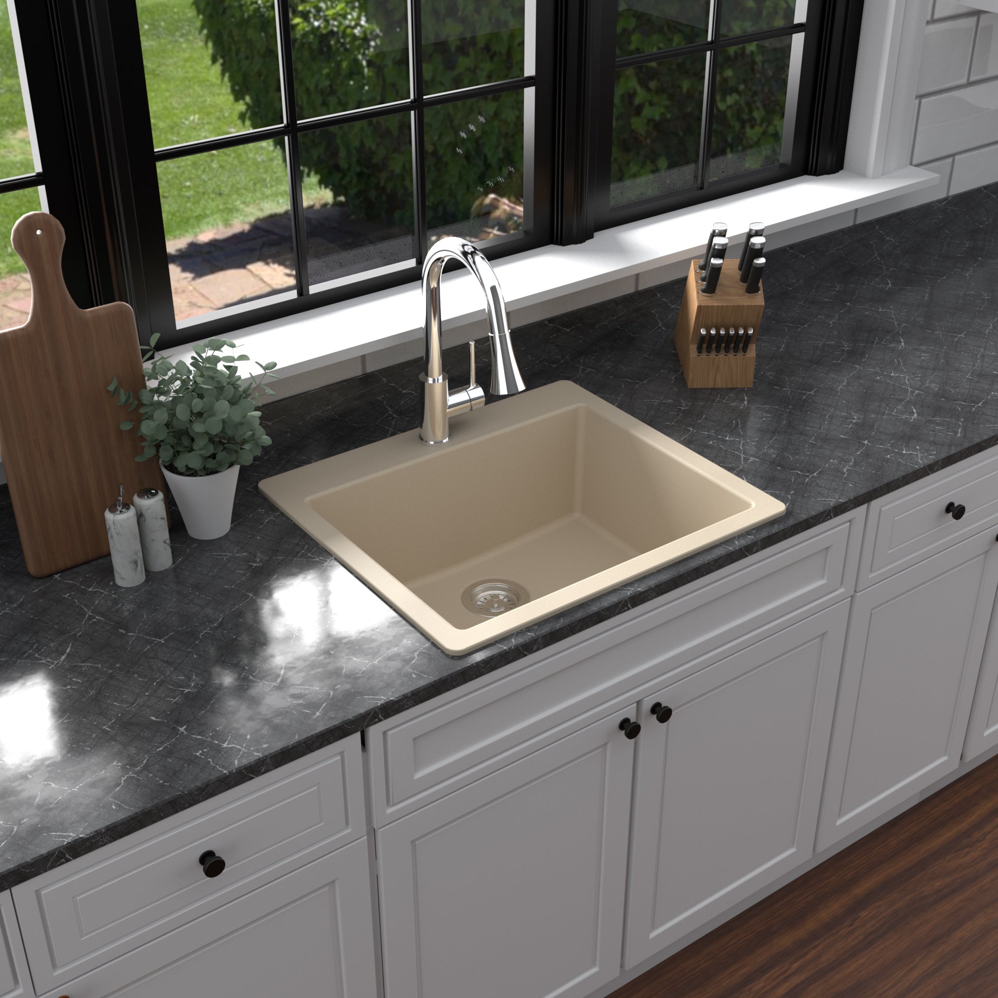 Karran 25" Drop In/Topmount Quartz Composite Kitchen Sink with Accessories, Bisque, QT-820-BI-PK1