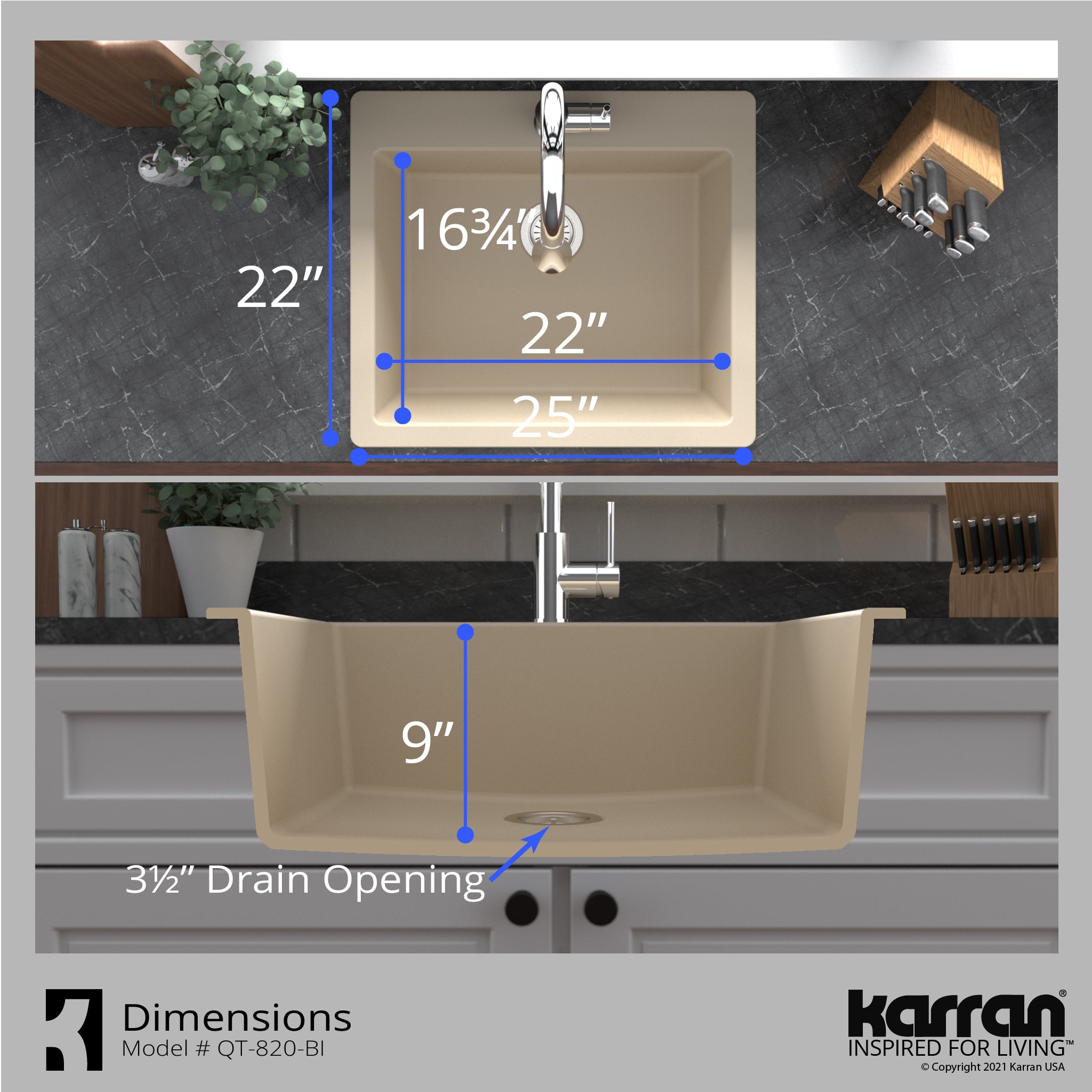 Karran 25" Drop In/Topmount Quartz Composite Kitchen Sink with Accessories, Bisque, QT-820-BI-PK1