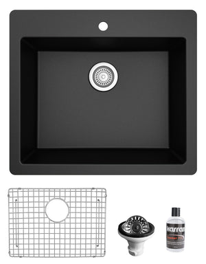 Alternate Image for Karran 25" Drop In/Topmount Quartz Composite Kitchen Sink with Accessories, Black, QT-820-BL-PK1