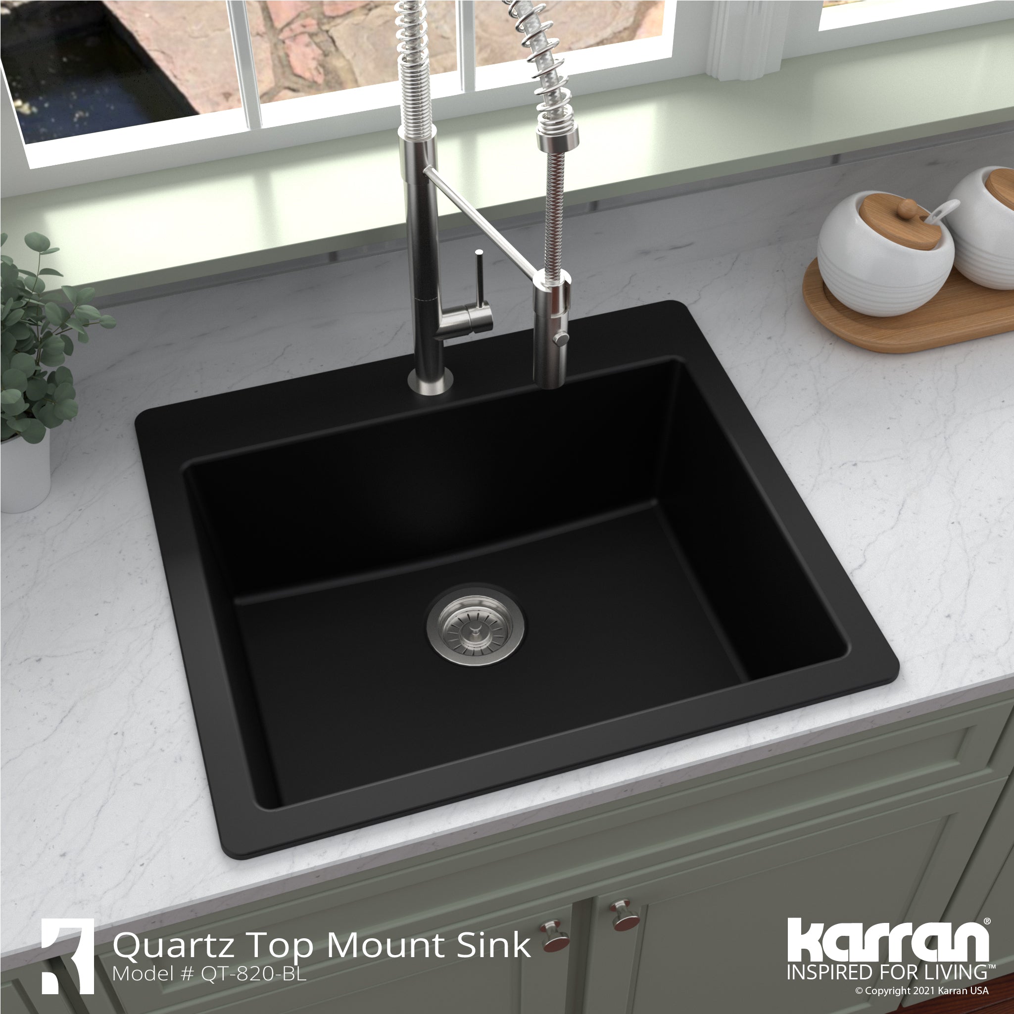 Karran 25" Drop In/Topmount Quartz Composite Kitchen Sink with Accessories, Black, QT-820-BL-PK1