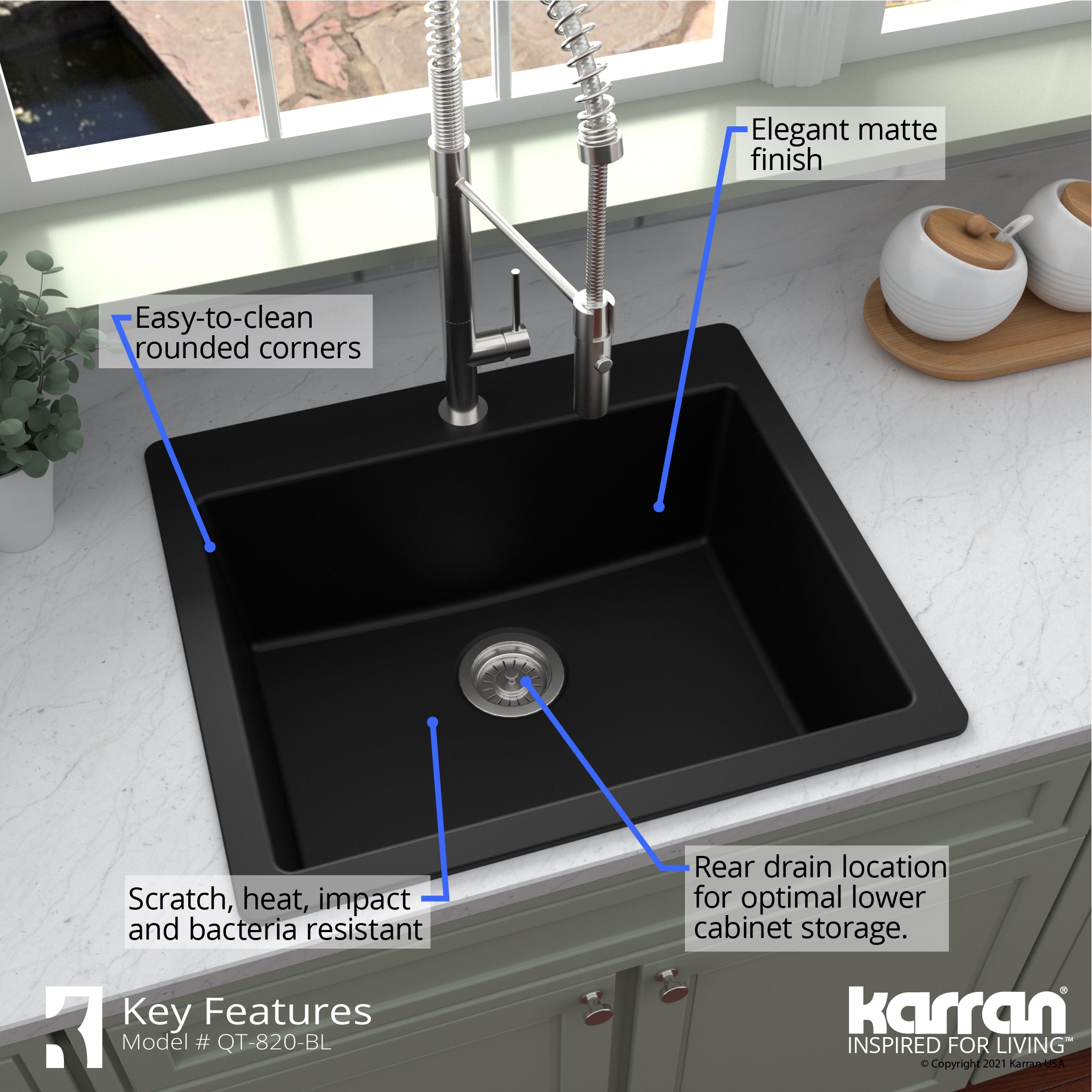Karran 25" Drop In/Topmount Quartz Composite Kitchen Sink with Accessories, Black, QT-820-BL-PK1