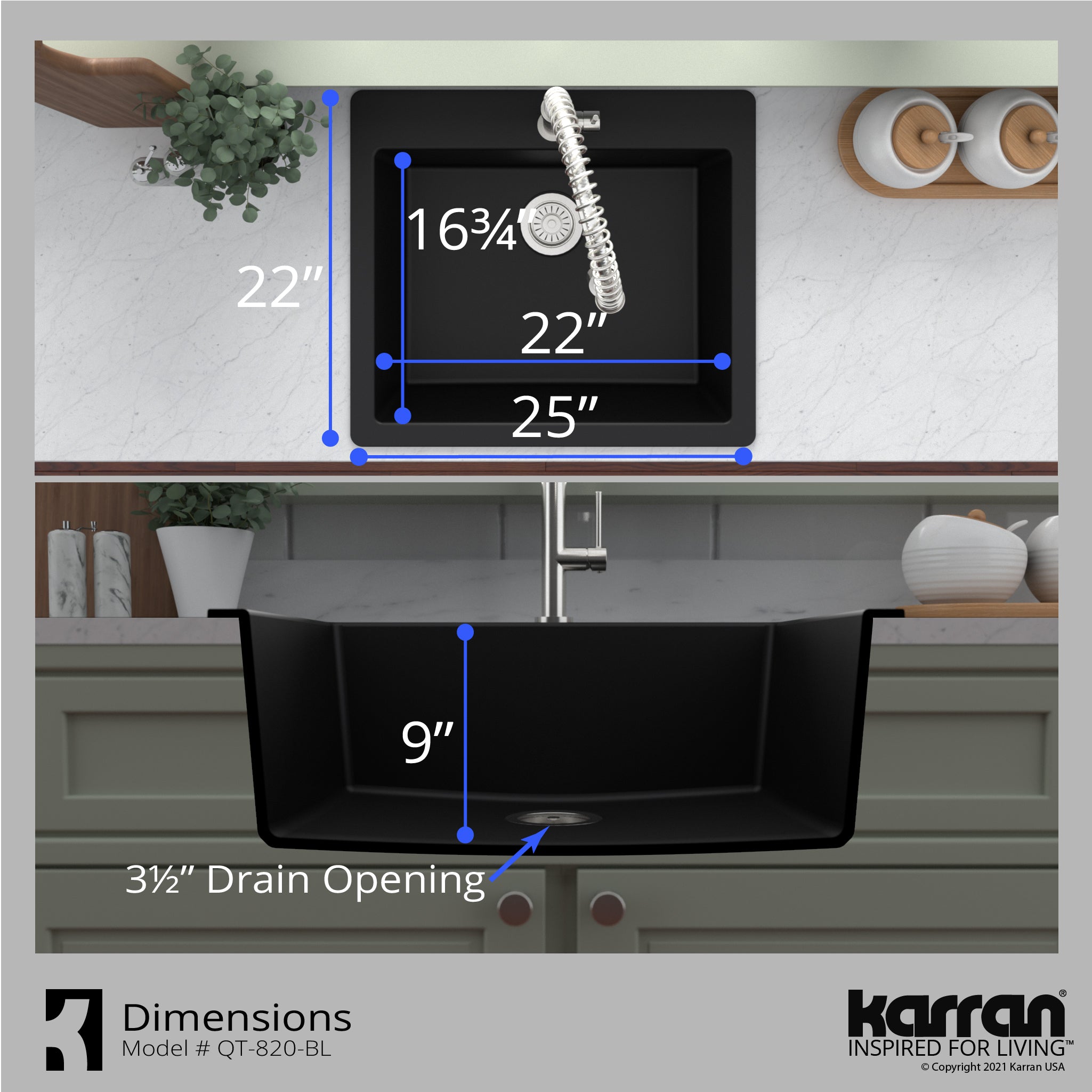 Karran 25" Drop In/Topmount Quartz Composite Kitchen Sink with Accessories, Black, QT-820-BL-PK1