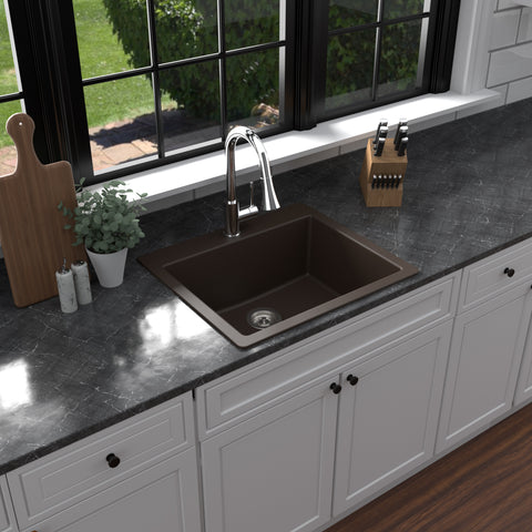 Karran 25" Drop In/Topmount Quartz Composite Kitchen Sink, Brown, QT-820-BR