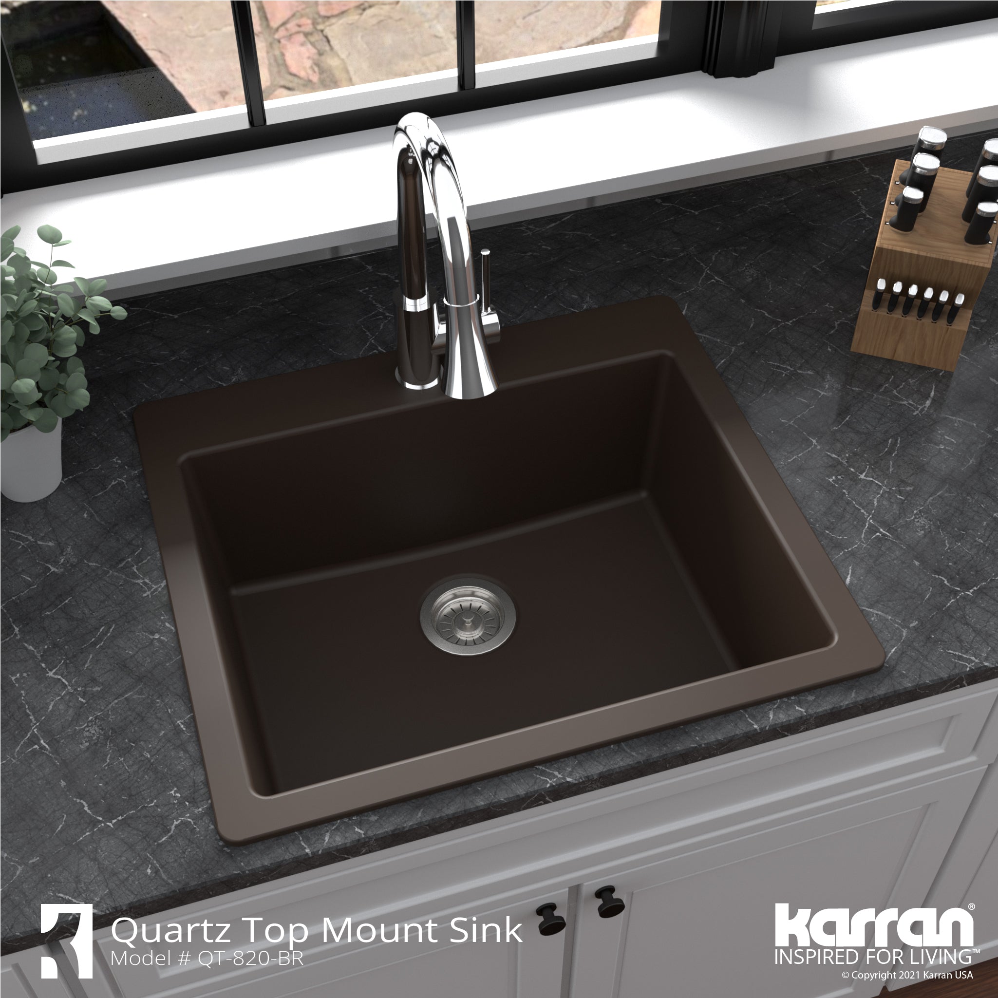 Karran 25" Drop In/Topmount Quartz Composite Kitchen Sink with Accessories, Brown, QT-820-BR-PK1