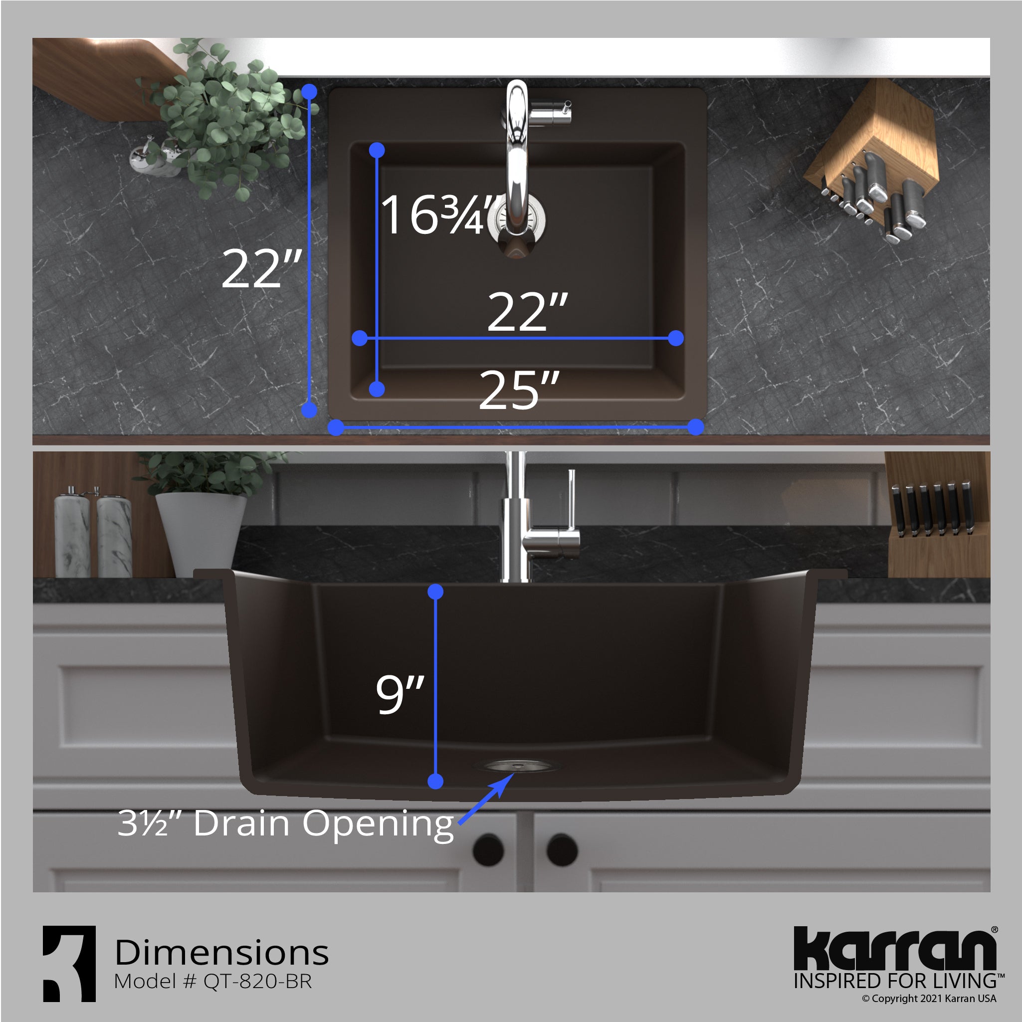 Karran 25" Drop In/Topmount Quartz Composite Kitchen Sink with Accessories, Brown, QT-820-BR-PK1