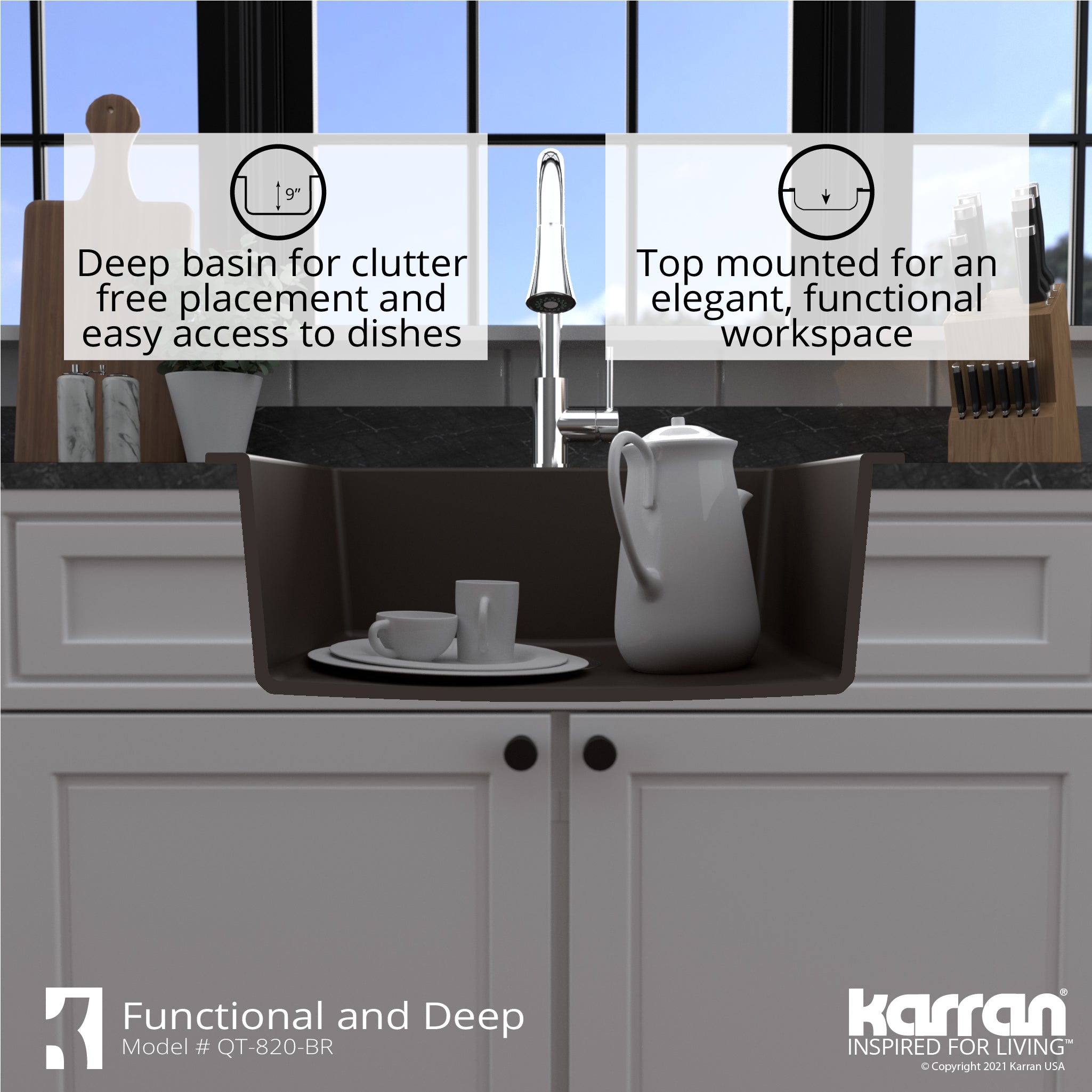 Karran 25" Drop In/Topmount Quartz Composite Kitchen Sink with Accessories, Brown, QT-820-BR-PK1