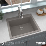 Karran 25" Drop In/Topmount Quartz Composite Kitchen Sink with Accessories, Concrete, QT-820-CN-PK1