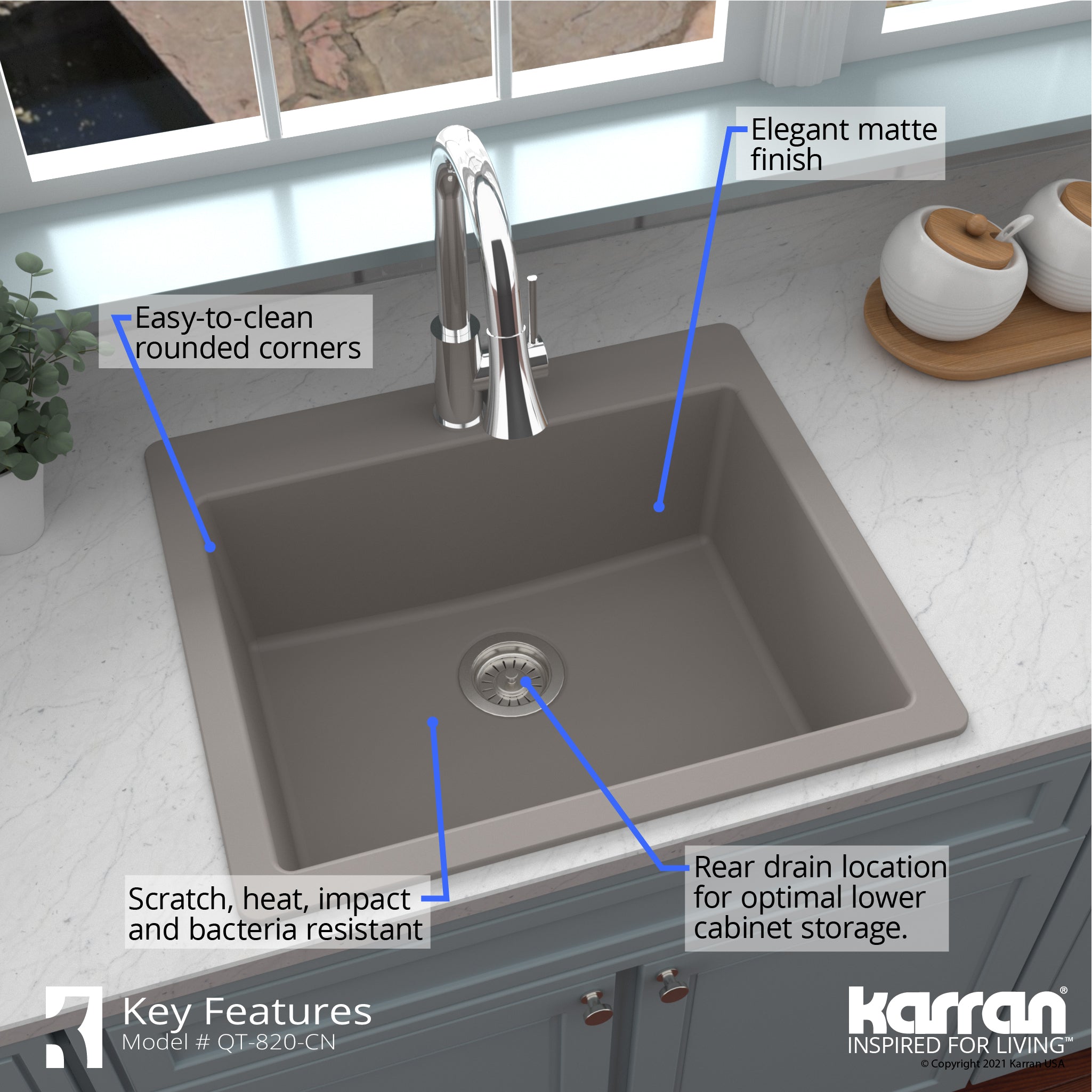 Karran 25" Drop In/Topmount Quartz Composite Kitchen Sink with Accessories, Concrete, QT-820-CN-PK1