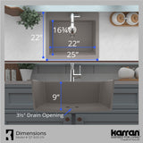 Karran 25" Drop In/Topmount Quartz Composite Kitchen Sink with Accessories, Concrete, QT-820-CN-PK1
