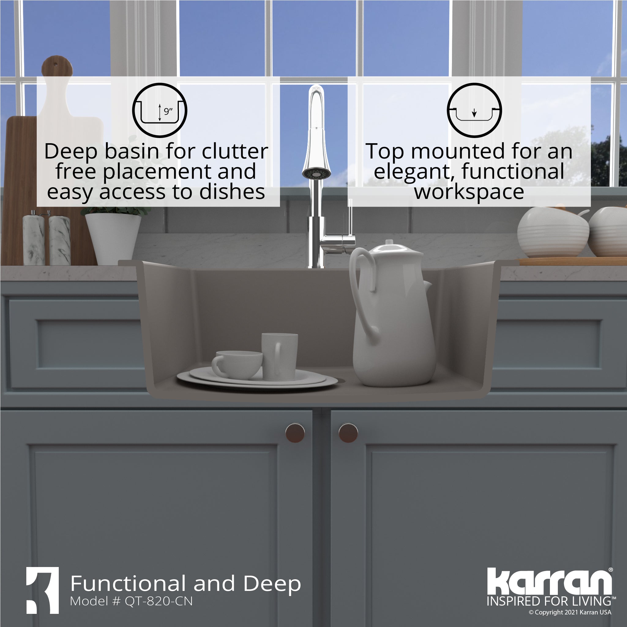 Karran 25" Drop In/Topmount Quartz Composite Kitchen Sink with Accessories, Concrete, QT-820-CN-PK1