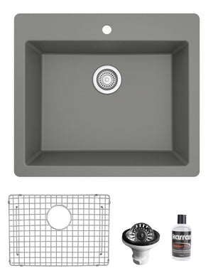 Alternate Image for Karran 25" Drop In/Topmount Quartz Composite Kitchen Sink with Accessories, Grey, QT-820-GR-PK1