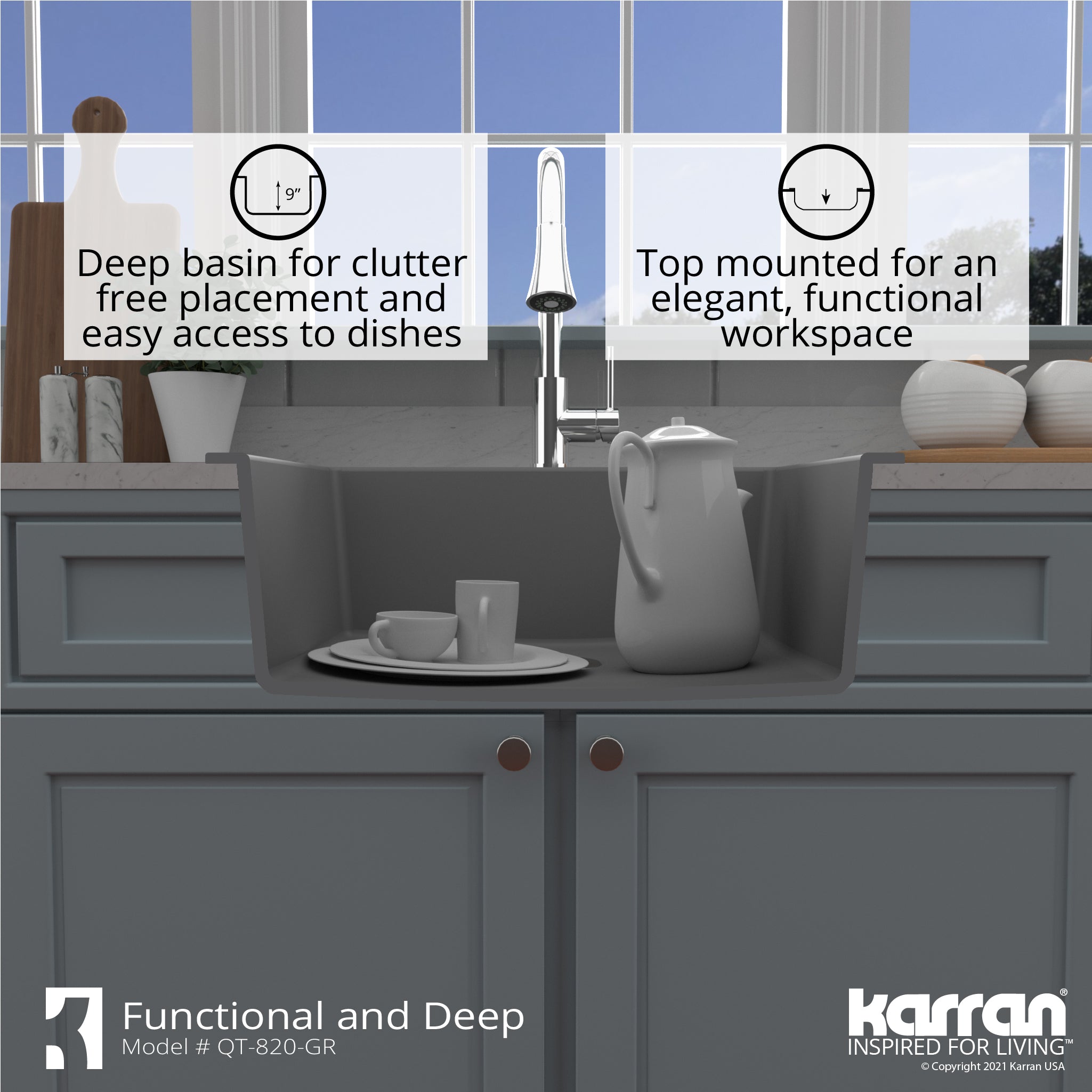 Karran 25" Drop In/Topmount Quartz Composite Kitchen Sink, Grey, QT-820-GR