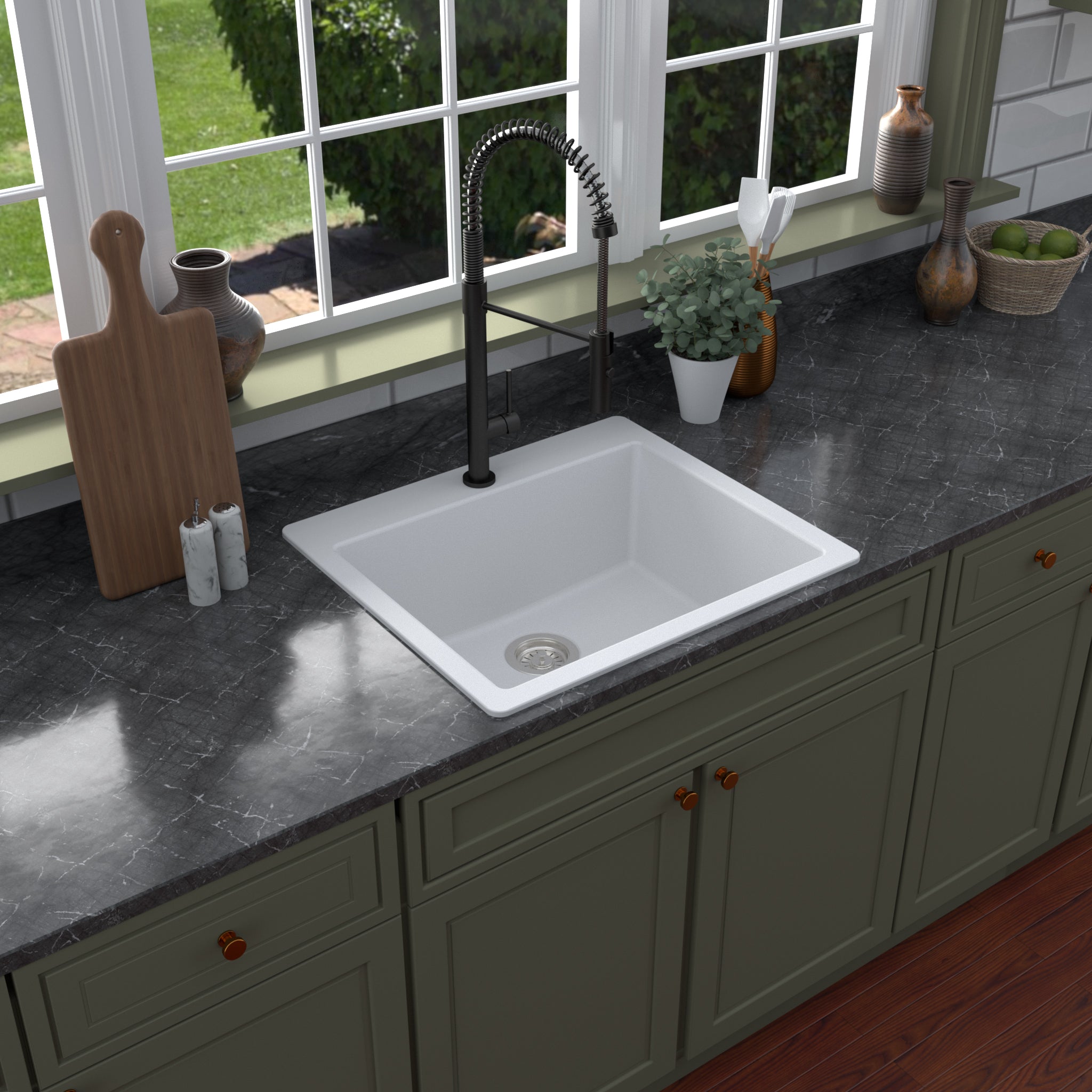 Karran 25" Drop In/Topmount Quartz Composite Kitchen Sink with Accessories, White, QT-820-WH-PK1