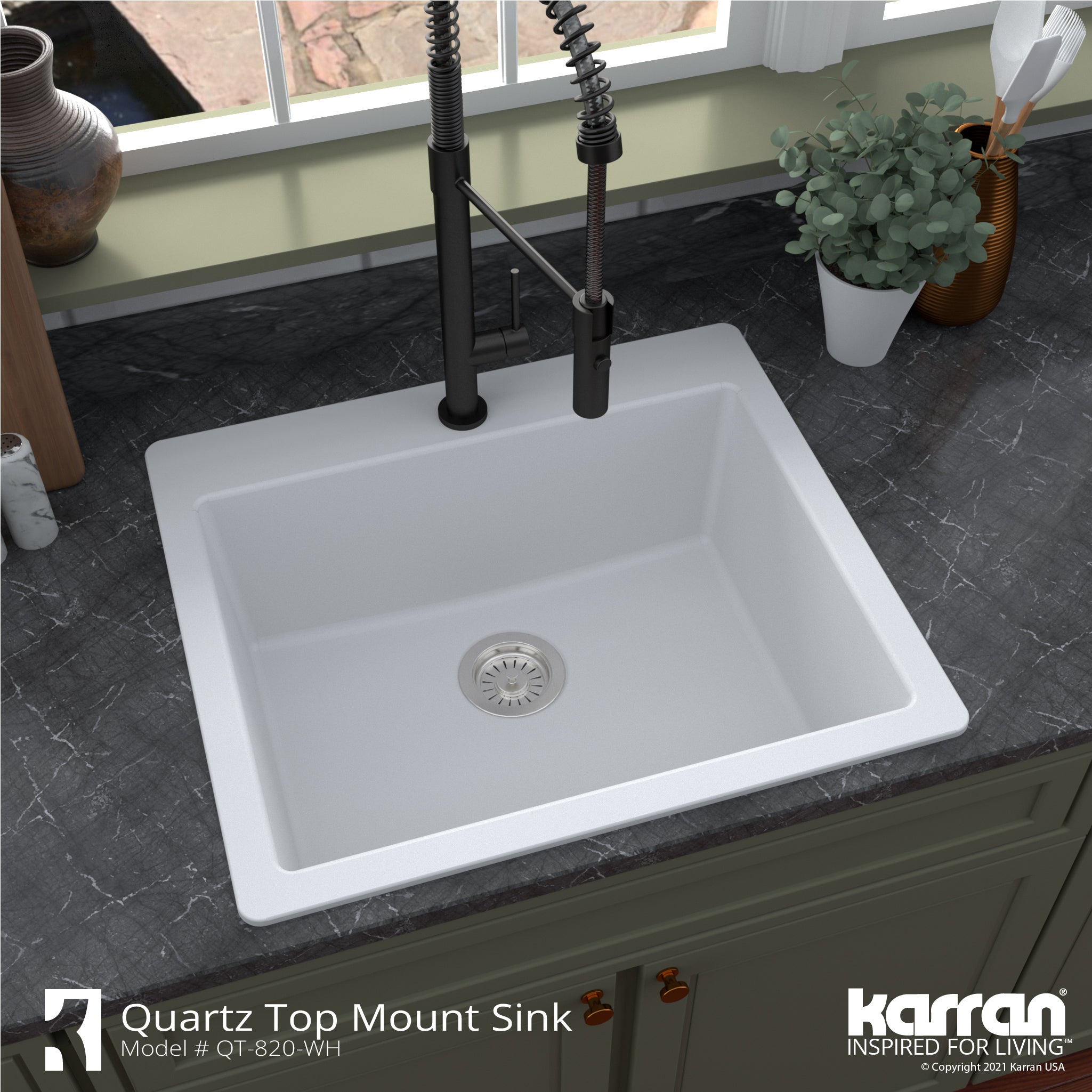 Karran 25" Drop In/Topmount Quartz Composite Kitchen Sink with Accessories, White, QT-820-WH-PK1