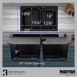 Karran 33" Drop In/Topmount Quartz Composite Kitchen Sink with Stainless Steel Faucet and Accessories, 60/40 Double Bowl, Black, QT610BL210SS