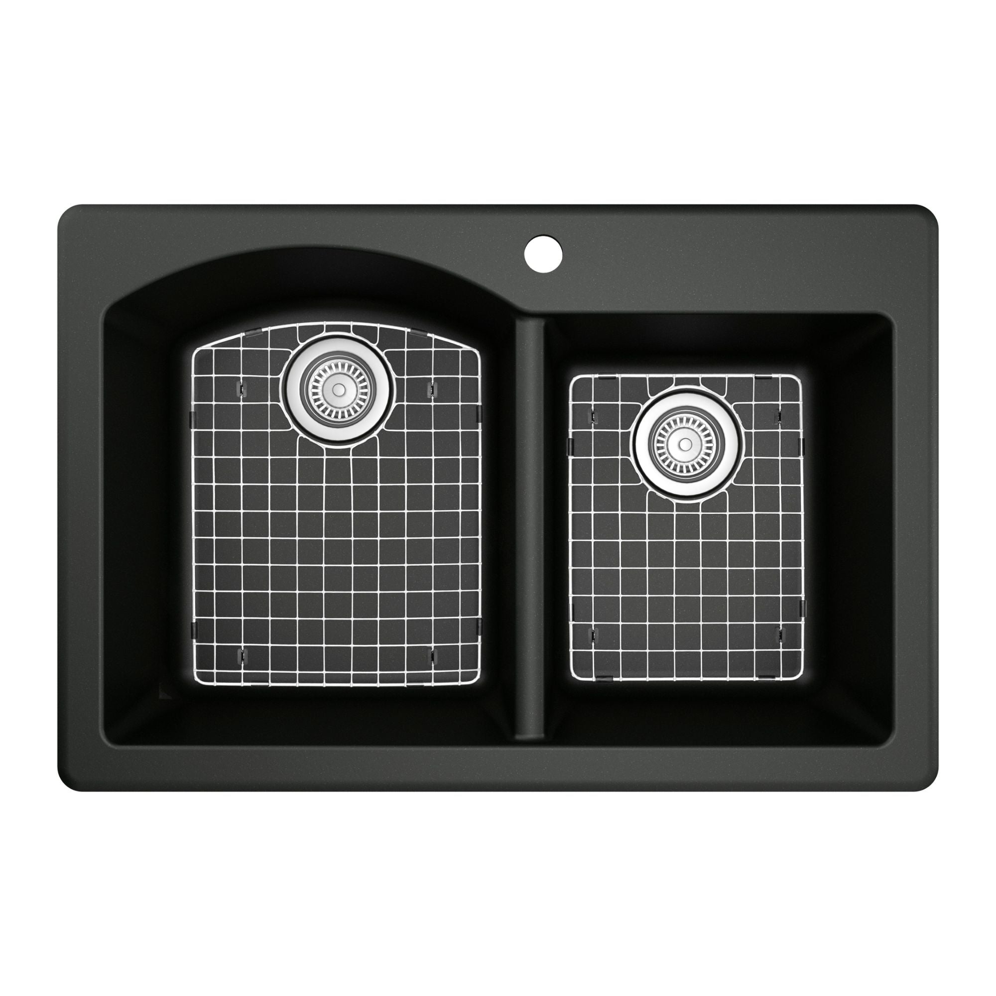Karran 33" Drop In/Topmount Quartz Composite Kitchen Sink with Stainless Steel Faucet and Accessories, 60/40 Double Bowl, Black, QT610BL210SS