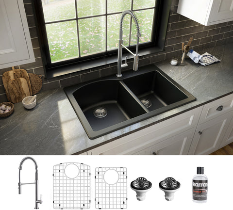 Karran 33" Drop In/Topmount Quartz Composite Kitchen Sink with Stainless Steel Faucet and Accessories, 60/40 Double Bowl, Black, QT610BL220SS