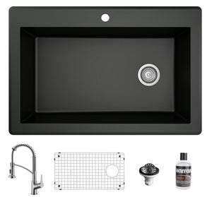 Alternate Image for Karran 33" Drop In/Topmount Quartz Composite Kitchen Sink with Stainless Steel Faucet and Accessories, Black, QT670BL210SS