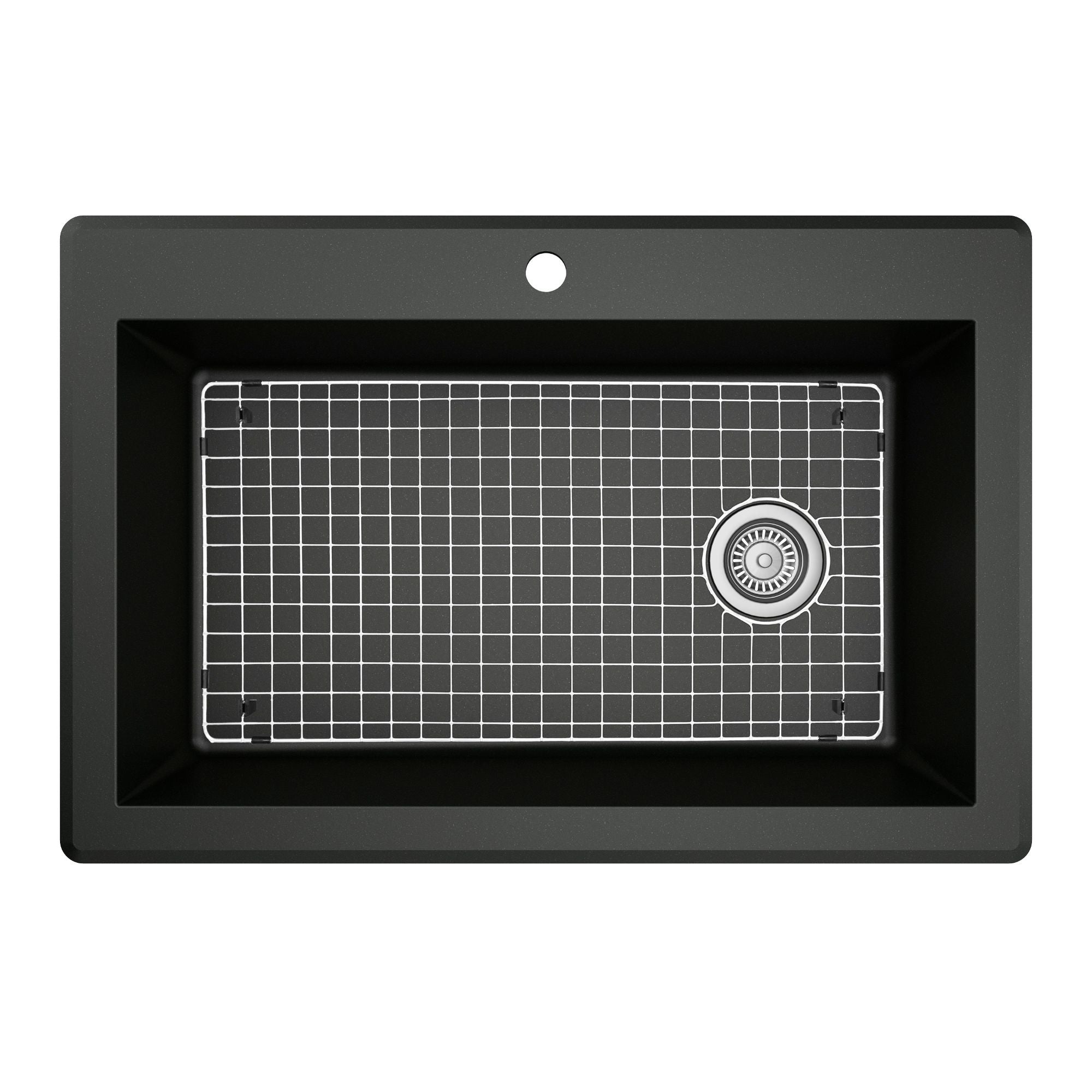 Karran 33" Drop In/Topmount Quartz Composite Kitchen Sink with Stainless Steel Faucet and Accessories, Black, QT670BL210SS