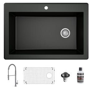 Alternate Image for Karran 33" Drop In/Topmount Quartz Composite Kitchen Sink with Stainless Steel Faucet and Accessories, Black, QT670BL220SS