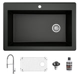 Karran 33" Drop In/Topmount Quartz Composite Kitchen Sink with Stainless Steel Faucet and Accessories, Black, QT670BL220SS