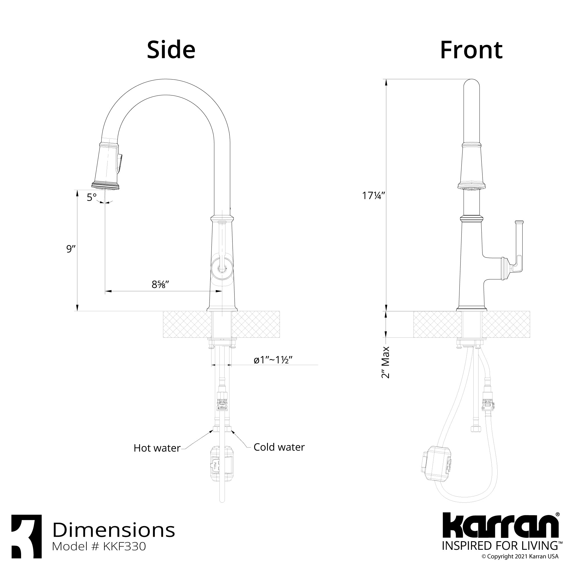 Karran 33" Drop In/Topmount Quartz Composite Kitchen Sink with Stainless Steel Faucet and Accessories, 50/50 Double Bowl, Black, QT710BLKKF330SS